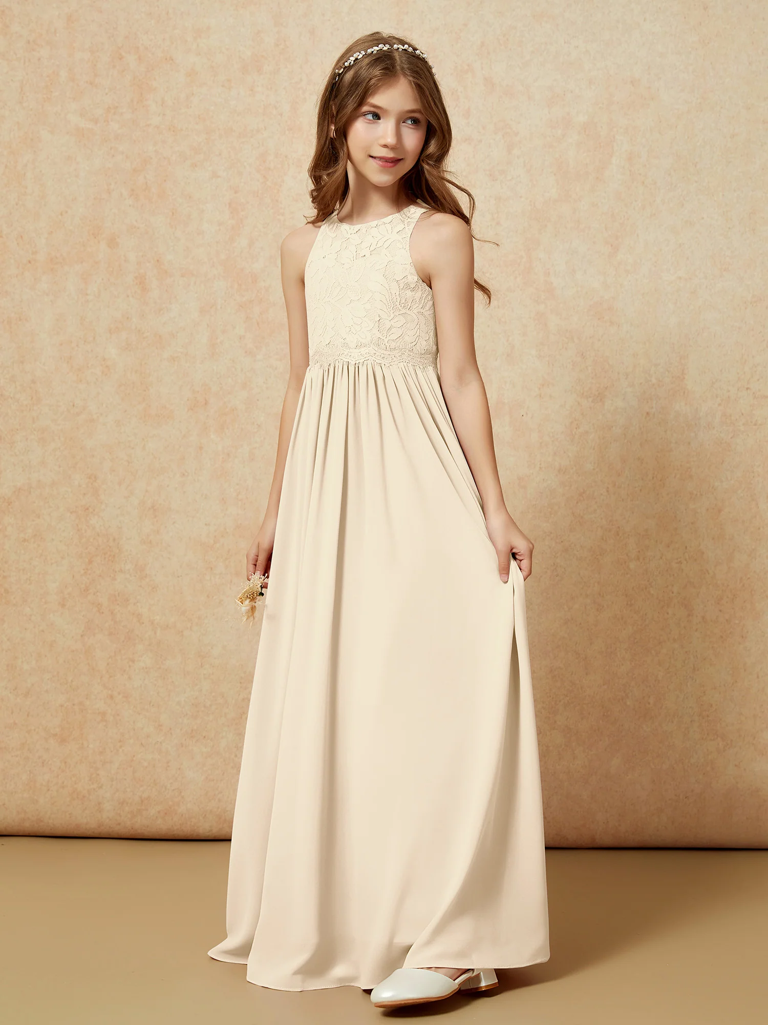 Sleeveless Lace Chiffon A-line Junior Bridesmaid Dress Champagne - Image 3