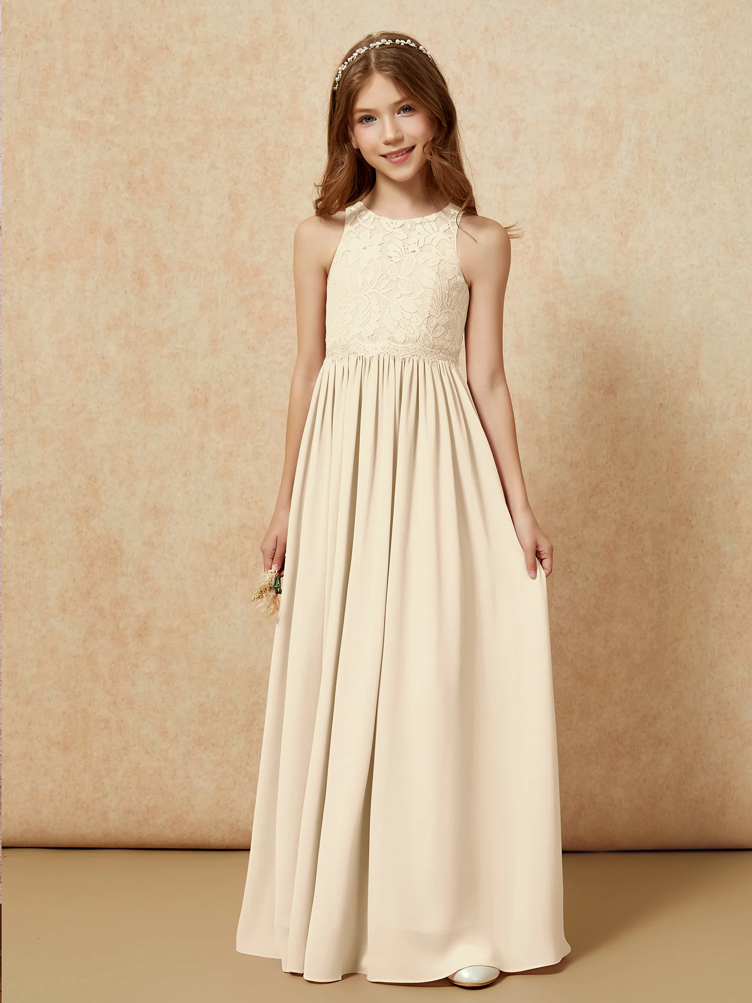 Sleeveless Lace Chiffon A-line Junior Bridesmaid Dress Champagne - Image 6