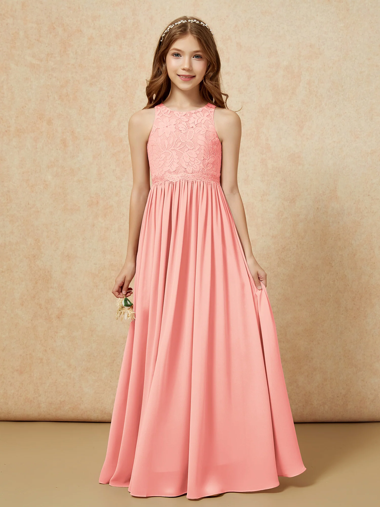 Sleeveless Lace Chiffon A-line Junior Bridesmaid Dress Coral