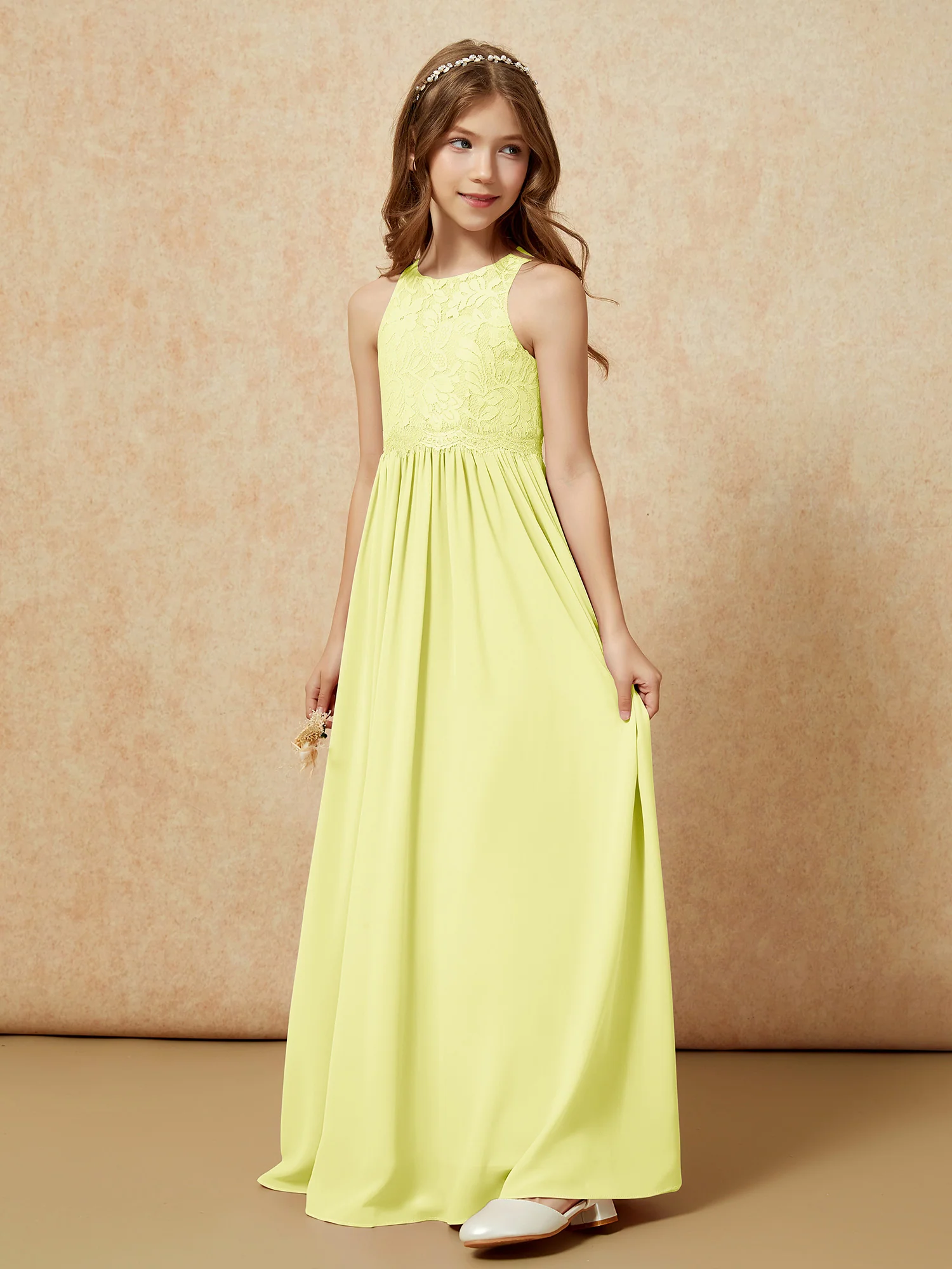 Sleeveless Lace Chiffon A-line Junior Bridesmaid Dress Daffodil - Image 3