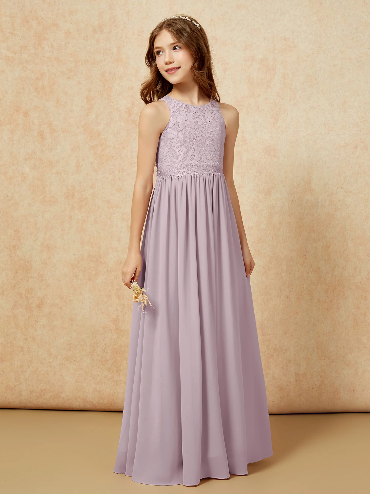 Sleeveless Lace Chiffon A-line Junior Bridesmaid Dress Dusk - Image 5