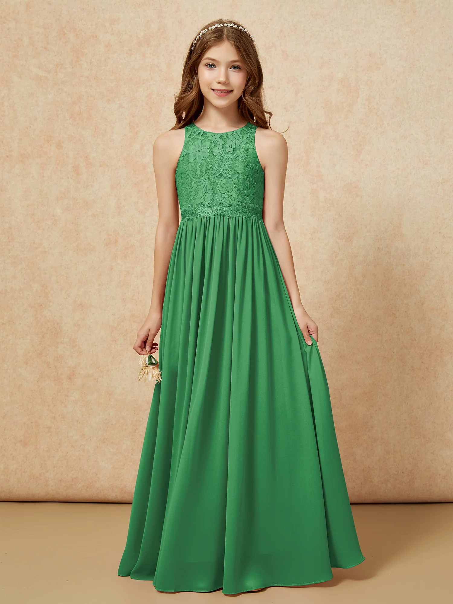 Sleeveless Lace Chiffon A-line Junior Bridesmaid Dress Emerald