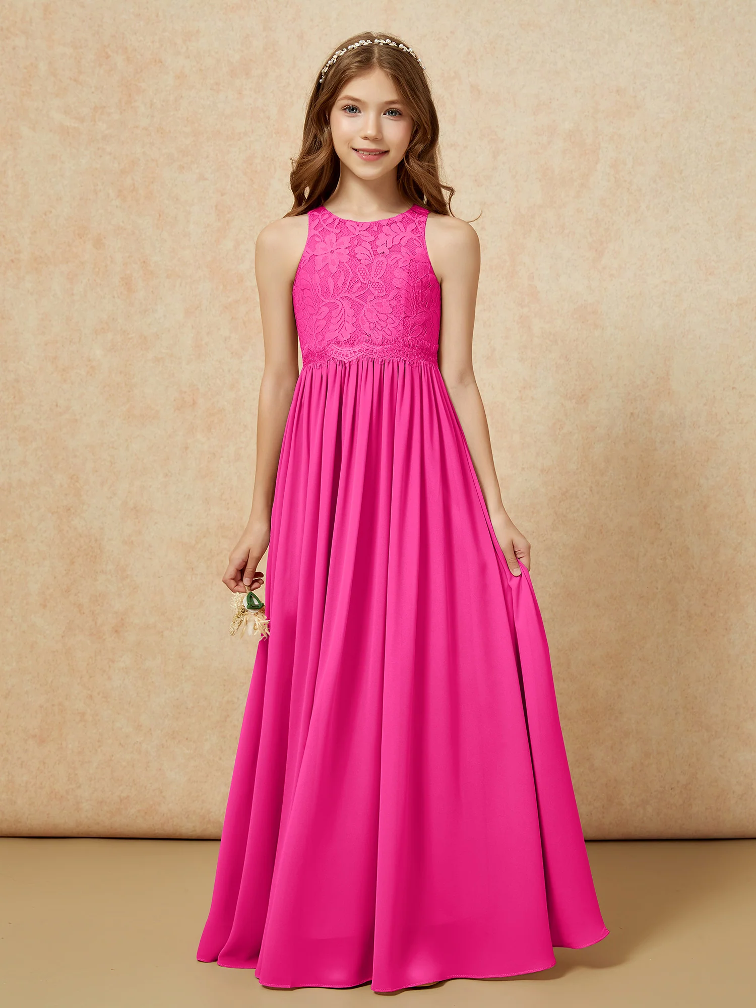 Sleeveless Lace Chiffon A-line Junior Bridesmaid Dress Fuchsia
