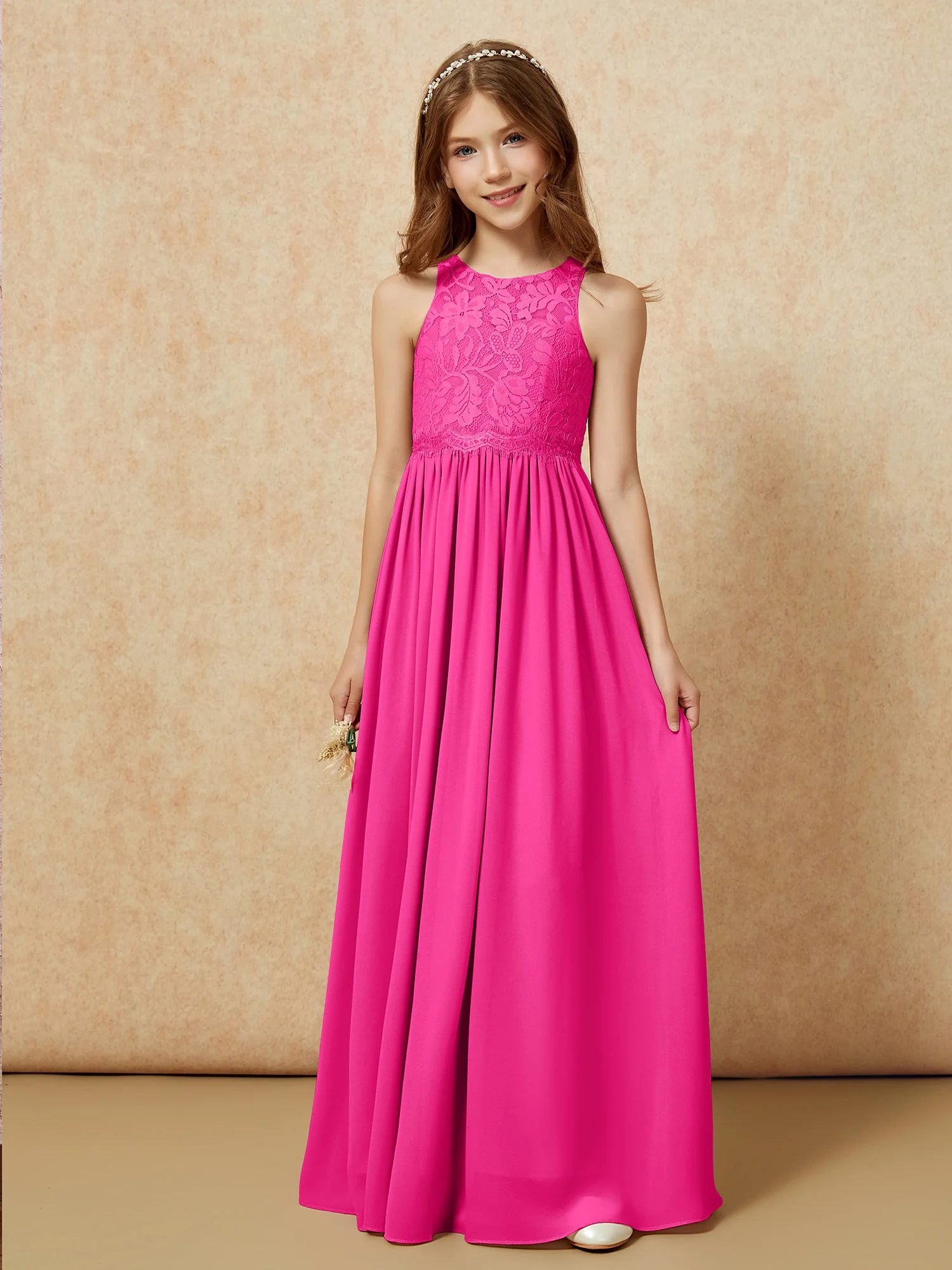 Sleeveless Lace Chiffon A-line Junior Bridesmaid Dress Fuchsia - Image 6