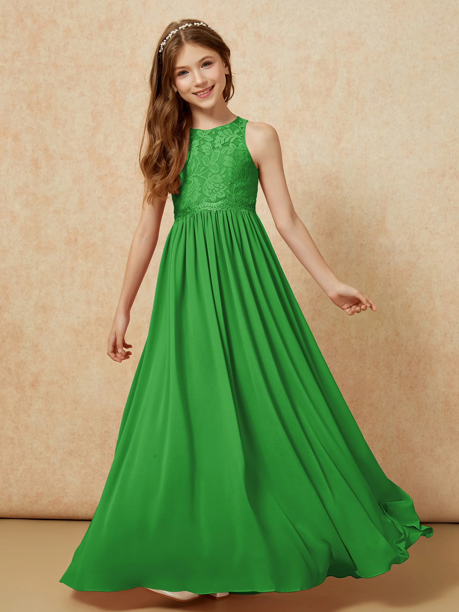 Sleeveless Lace Chiffon A-line Junior Bridesmaid Dress Green - Image 4