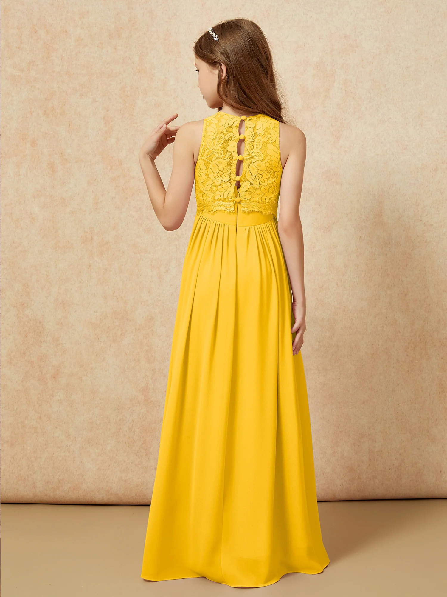 Sleeveless Lace Chiffon A-line Junior Bridesmaid Dress Marigold - Image 2