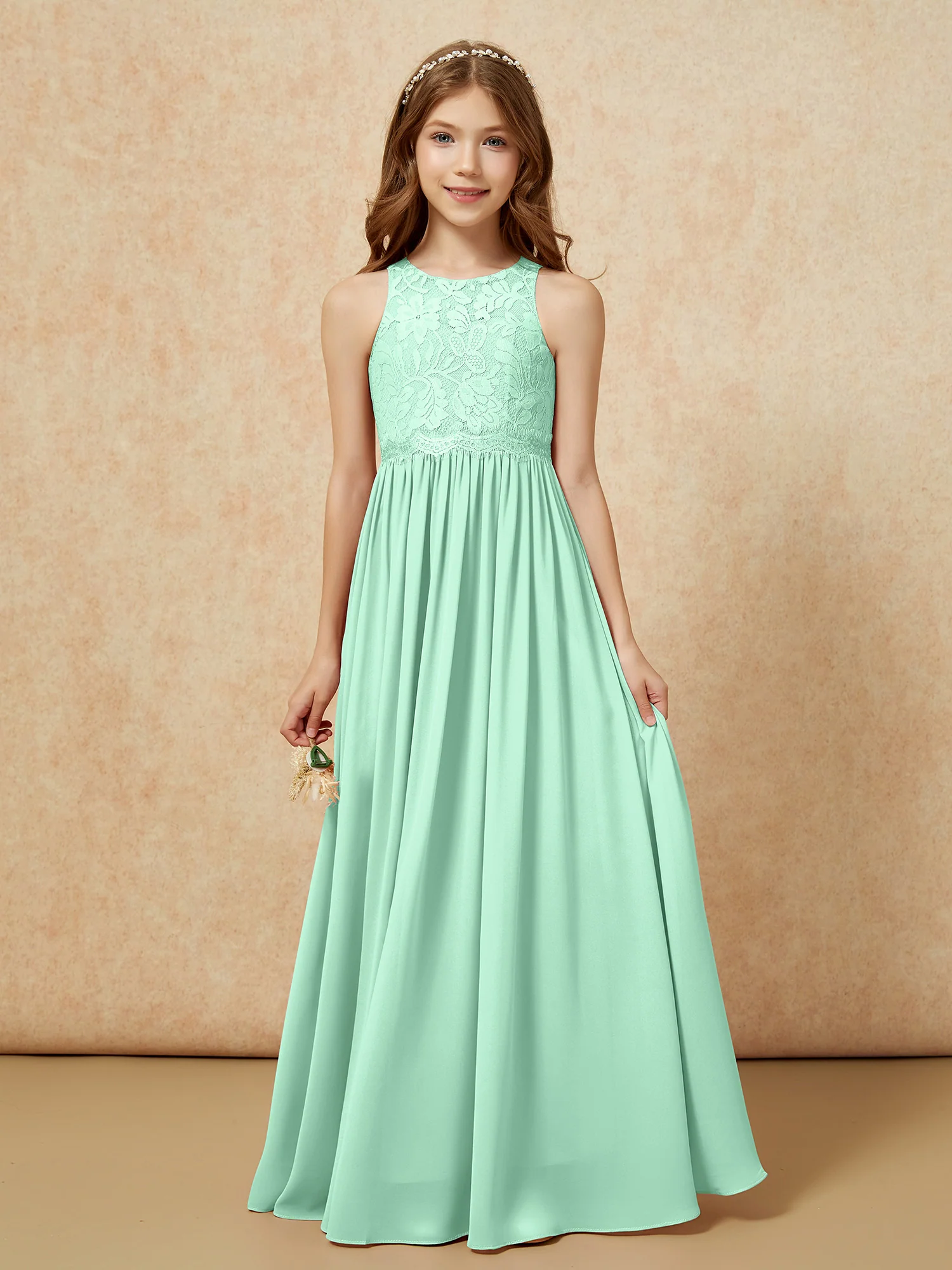 Sleeveless Lace Chiffon A-line Junior Bridesmaid Dress Mint Green