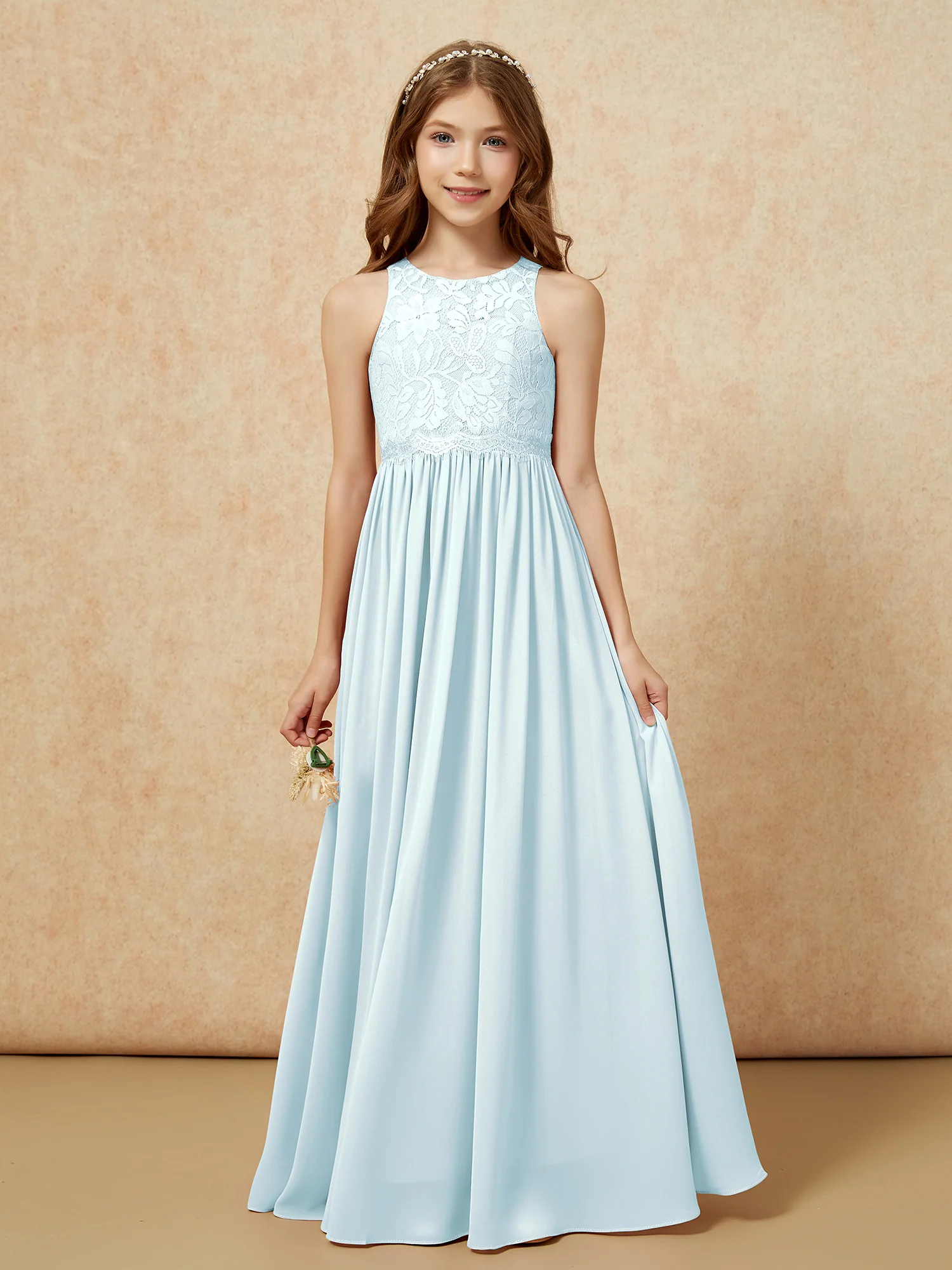 Sleeveless Lace Chiffon A-line Junior Bridesmaid Dress Mist