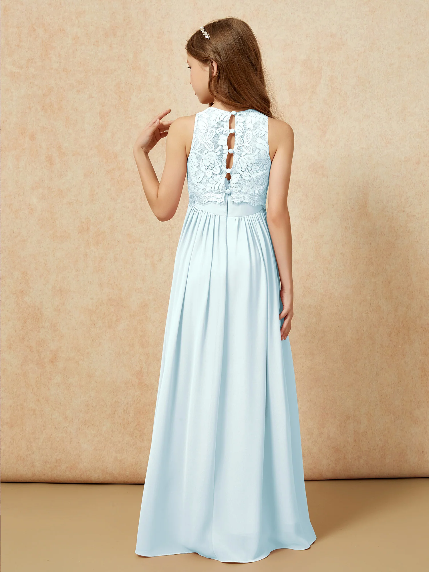 Sleeveless Lace Chiffon A-line Junior Bridesmaid Dress Mist - Image 2