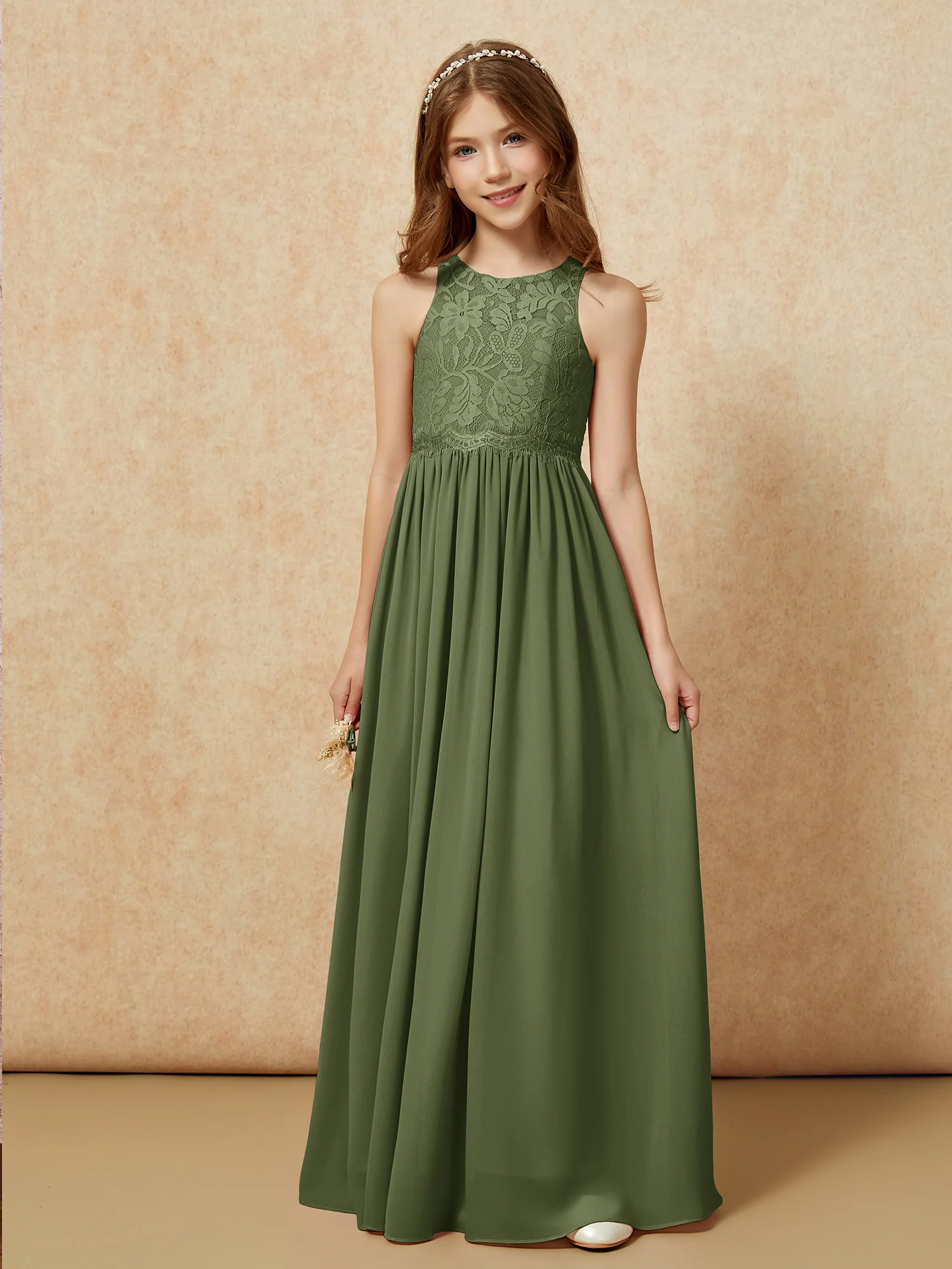 Sleeveless Lace Chiffon A-line Junior Bridesmaid Dress Olive Green - Image 6