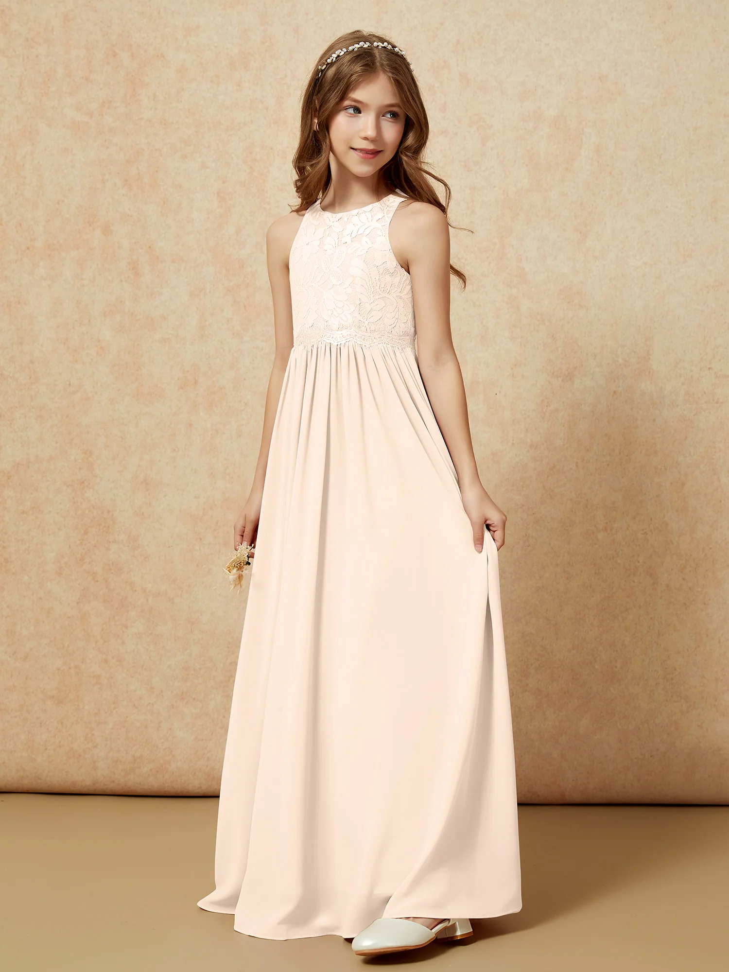 Sleeveless Lace Chiffon A-line Junior Bridesmaid Dress Peach - Image 3