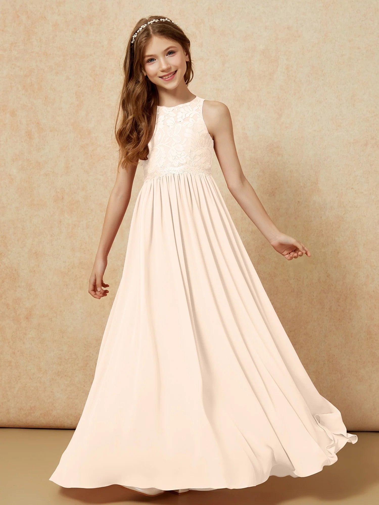 Sleeveless Lace Chiffon A-line Junior Bridesmaid Dress Peach - Image 4