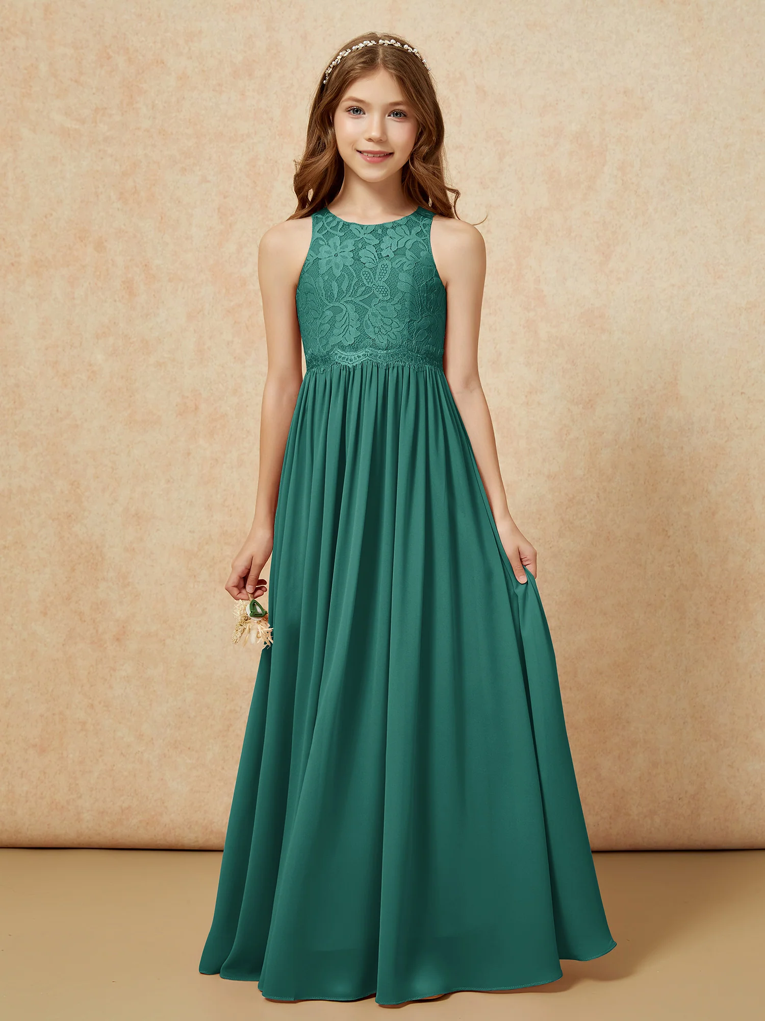 Sleeveless Lace Chiffon A-line Junior Bridesmaid Dress Peacock