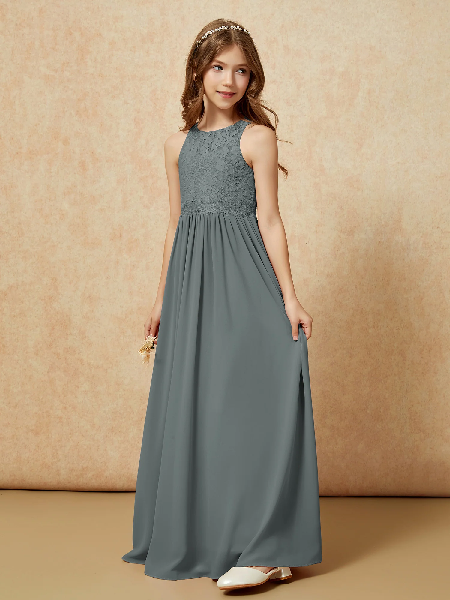 Sleeveless Lace Chiffon A-line Junior Bridesmaid Dress Steel Grey - Image 3