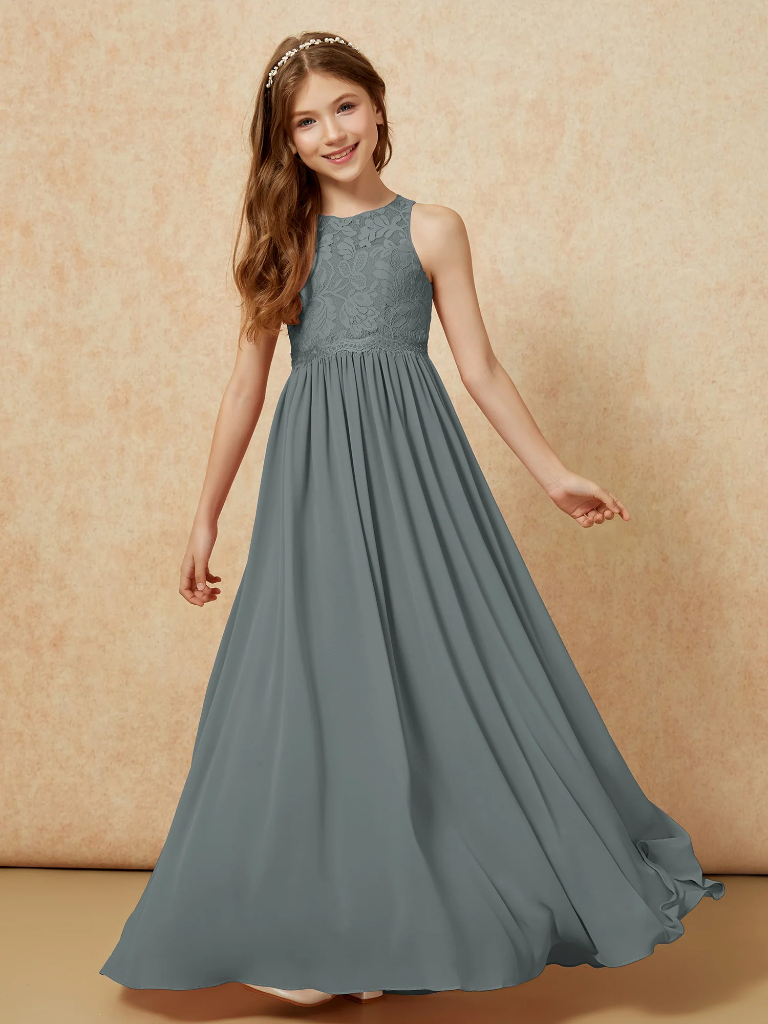 Sleeveless Lace Chiffon A-line Junior Bridesmaid Dress Steel Grey - Image 4