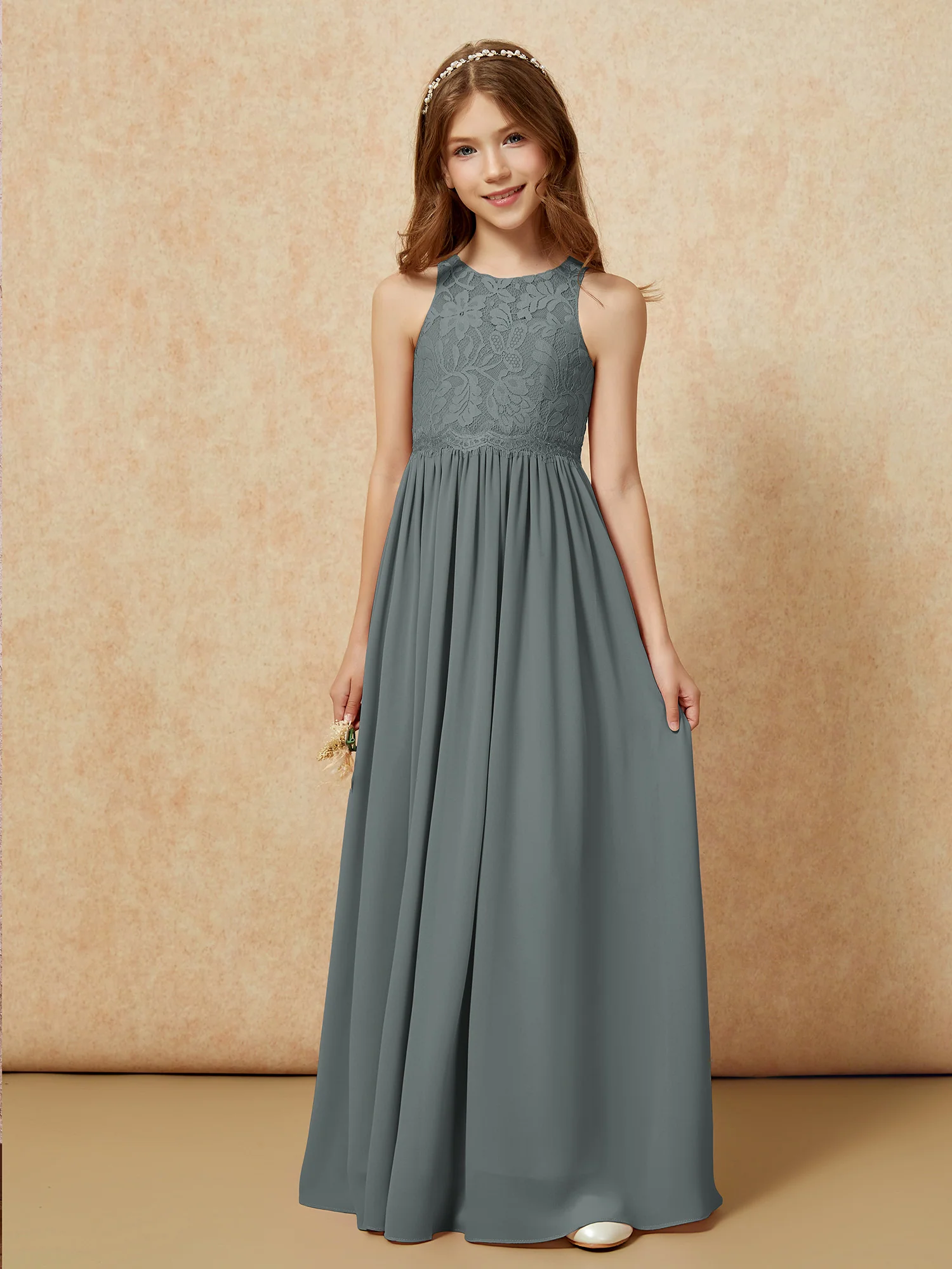 Sleeveless Lace Chiffon A-line Junior Bridesmaid Dress Steel Grey - Image 6