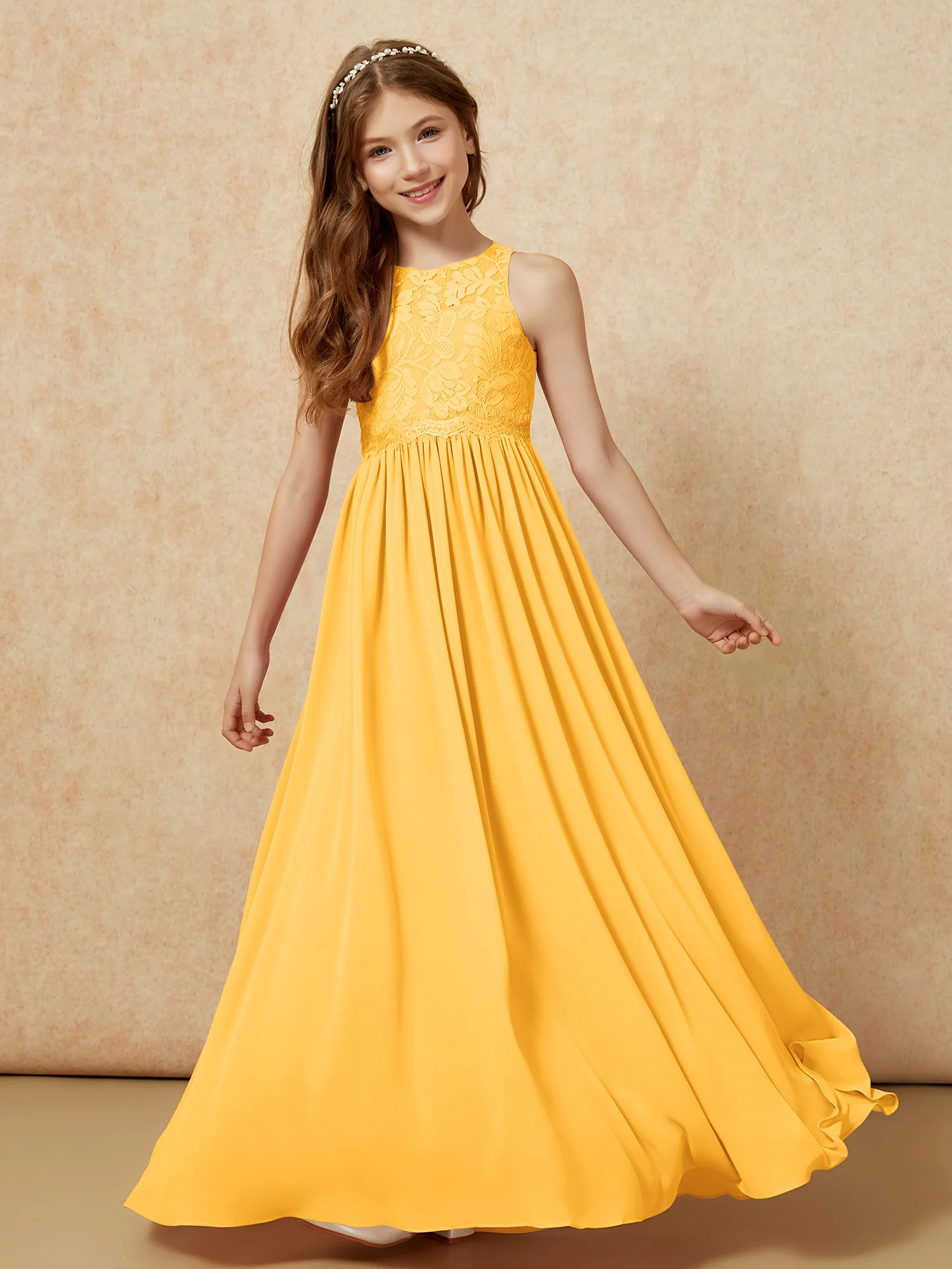 Sleeveless Lace Chiffon A-line Junior Bridesmaid Dress Tangerine - Image 4