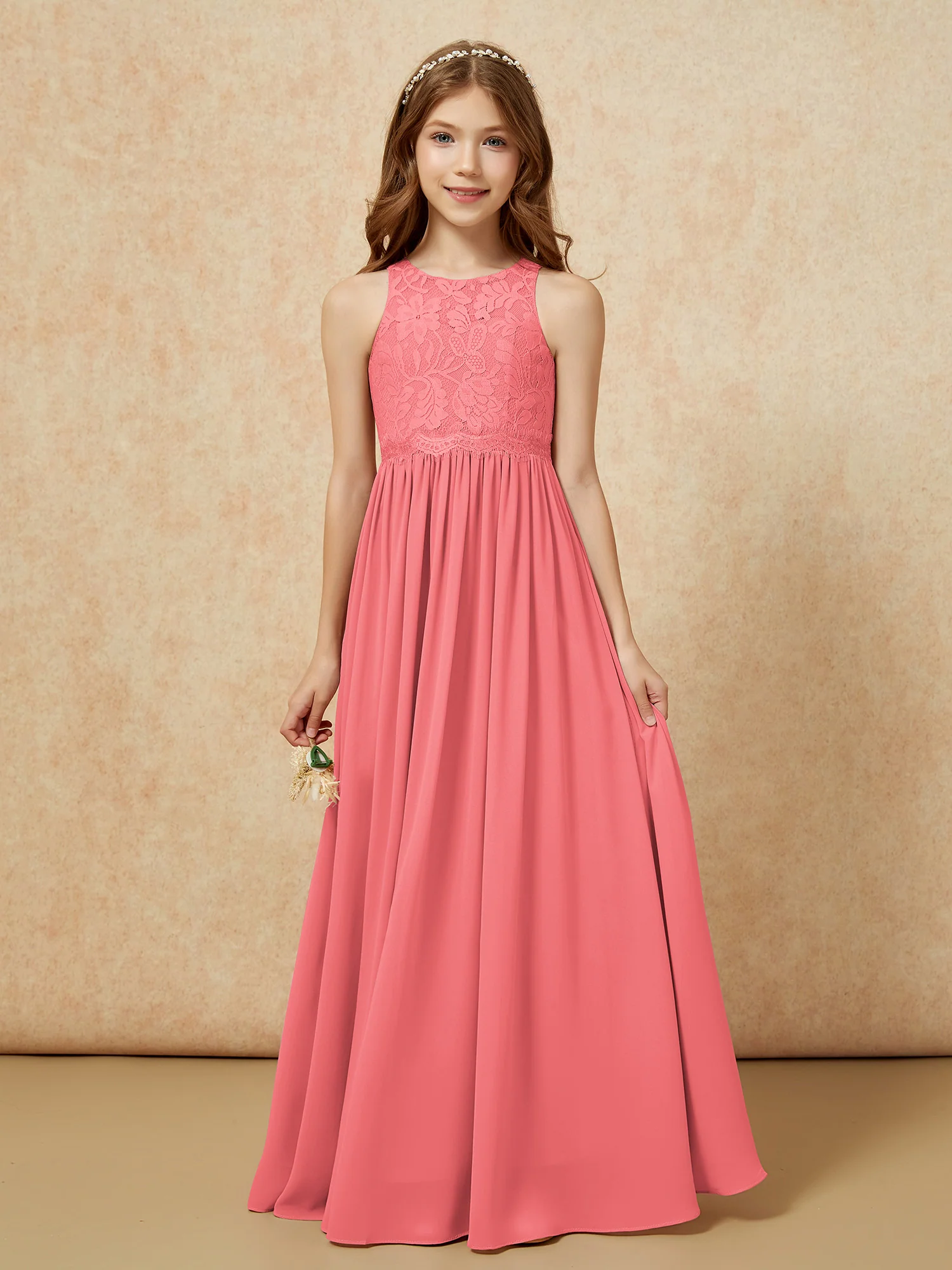 Sleeveless Lace Chiffon A-line Junior Bridesmaid Dress Watermelon