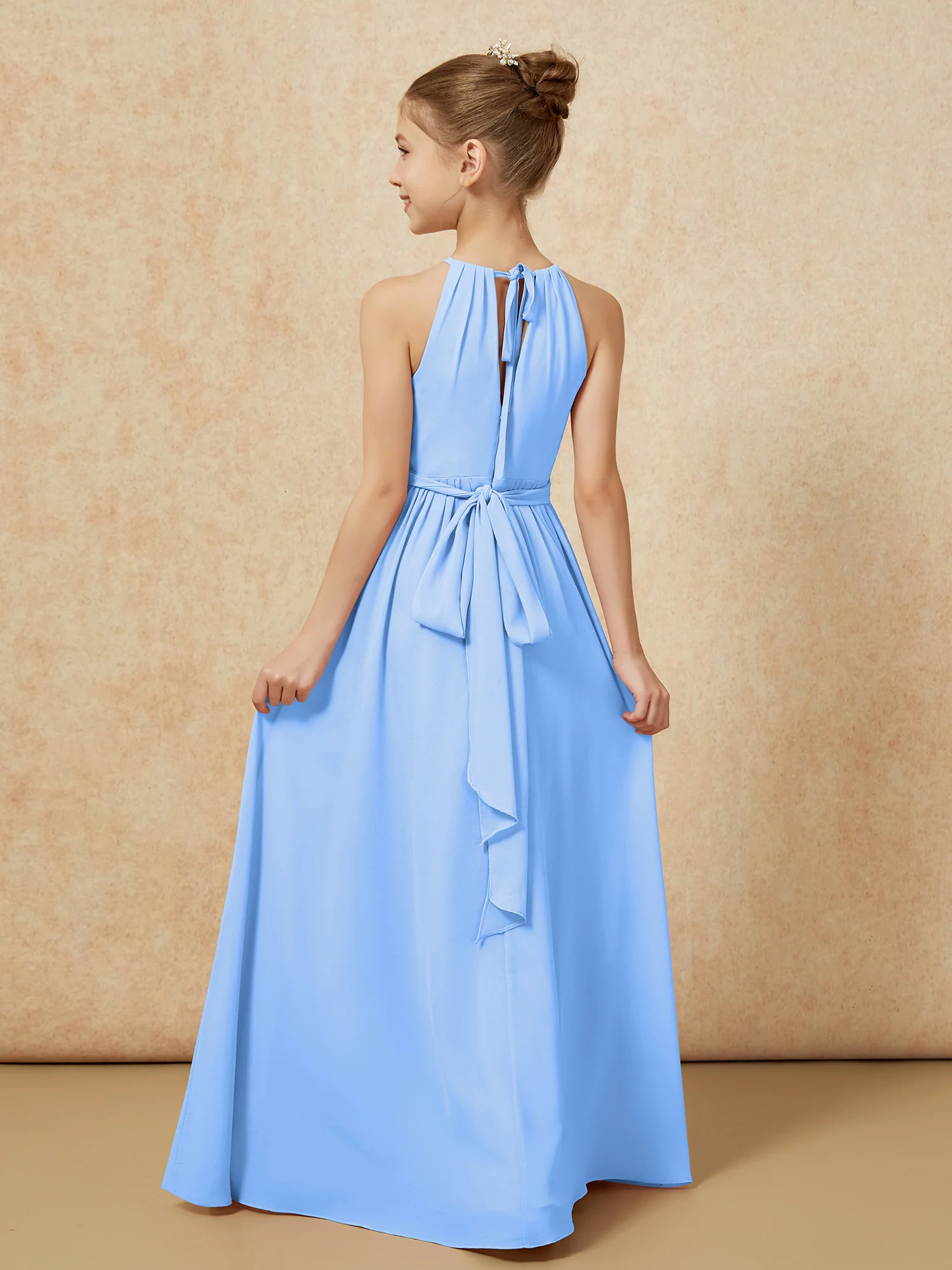 Sleeveless Pleated Long Chiffon Junior Bridesmaid Dress Blue - Image 2