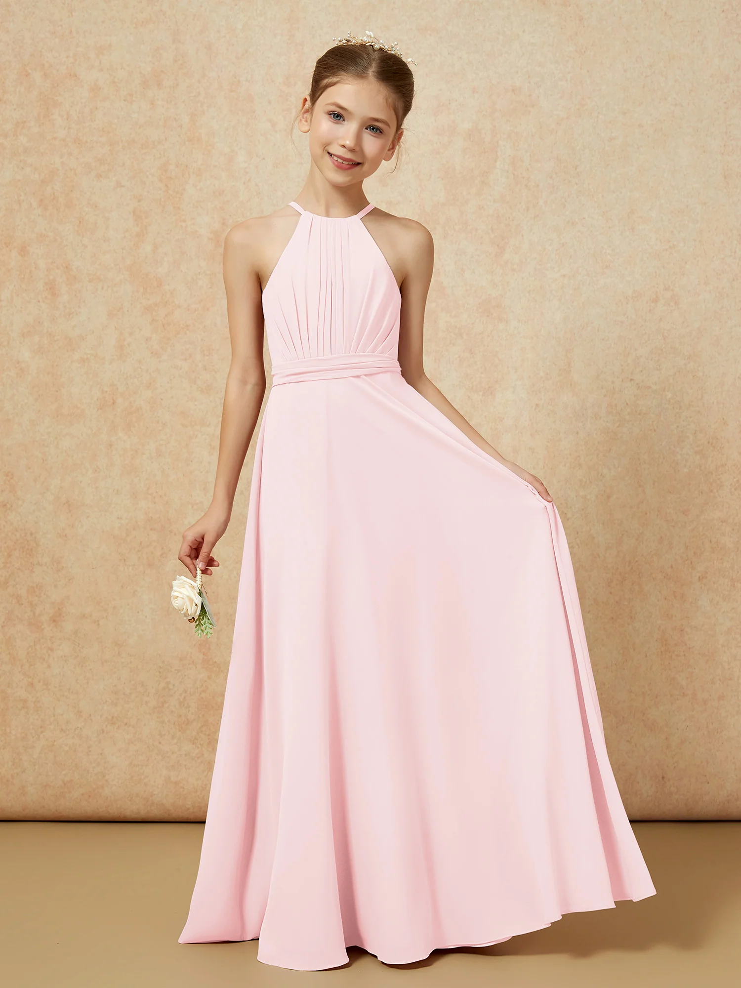 Sleeveless Pleated Long Chiffon Junior Bridesmaid Dress Blushing Pink