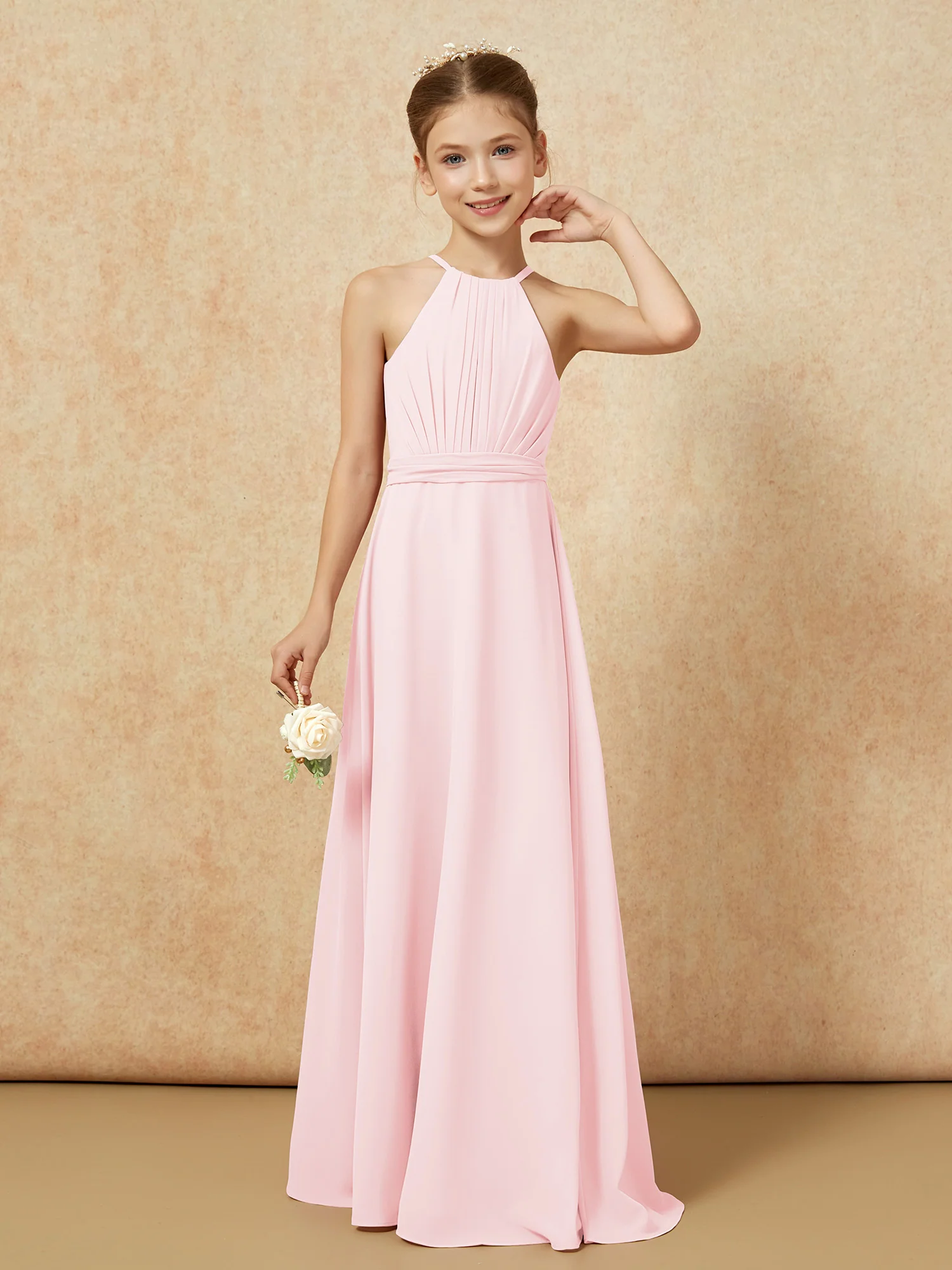 Sleeveless Pleated Long Chiffon Junior Bridesmaid Dress Blushing Pink - Image 5