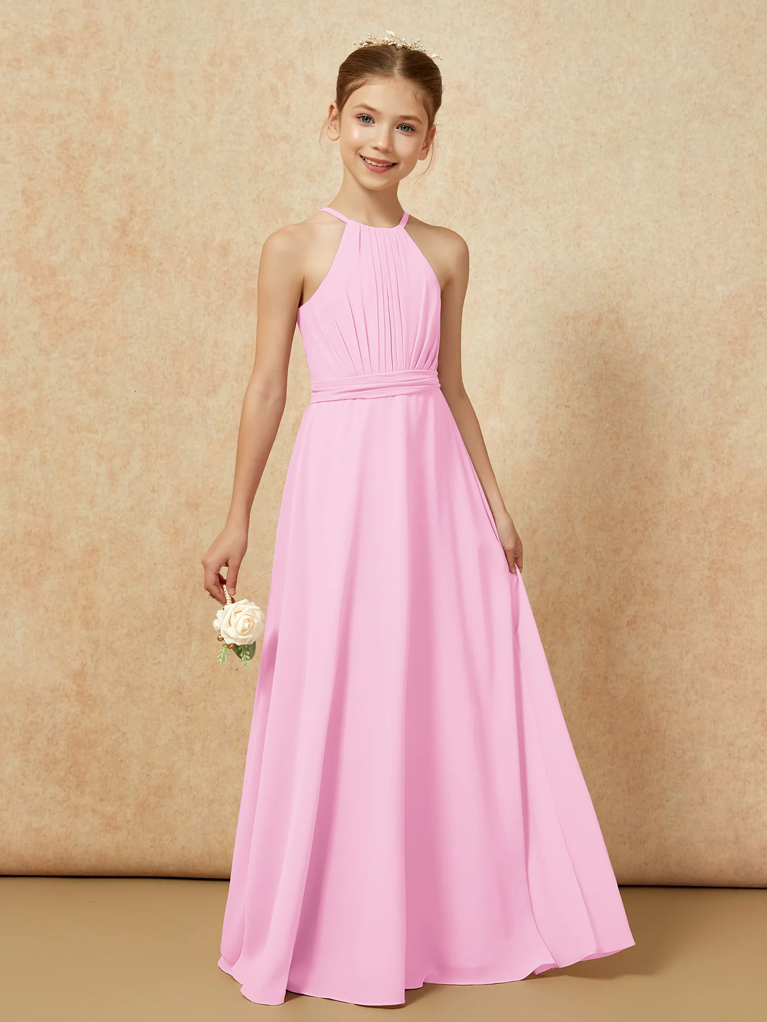 Sleeveless Pleated Long Chiffon Junior Bridesmaid Dress Candy Pink - Image 6
