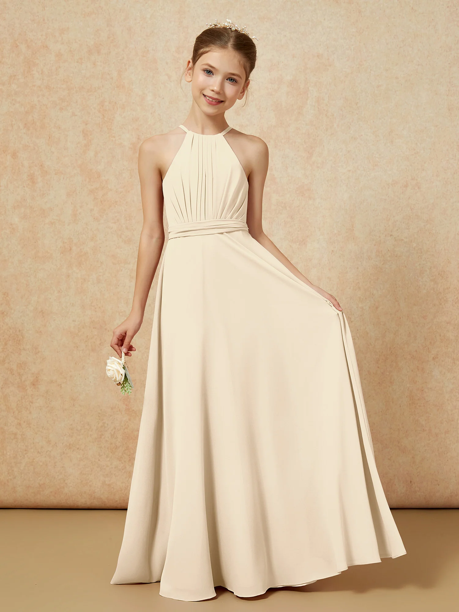 Sleeveless Pleated Long Chiffon Junior Bridesmaid Dress Champagne