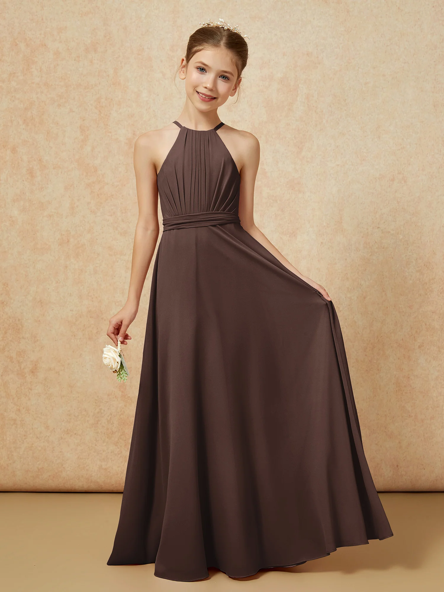 Sleeveless Pleated Long Chiffon Junior Bridesmaid Dress Chocolate
