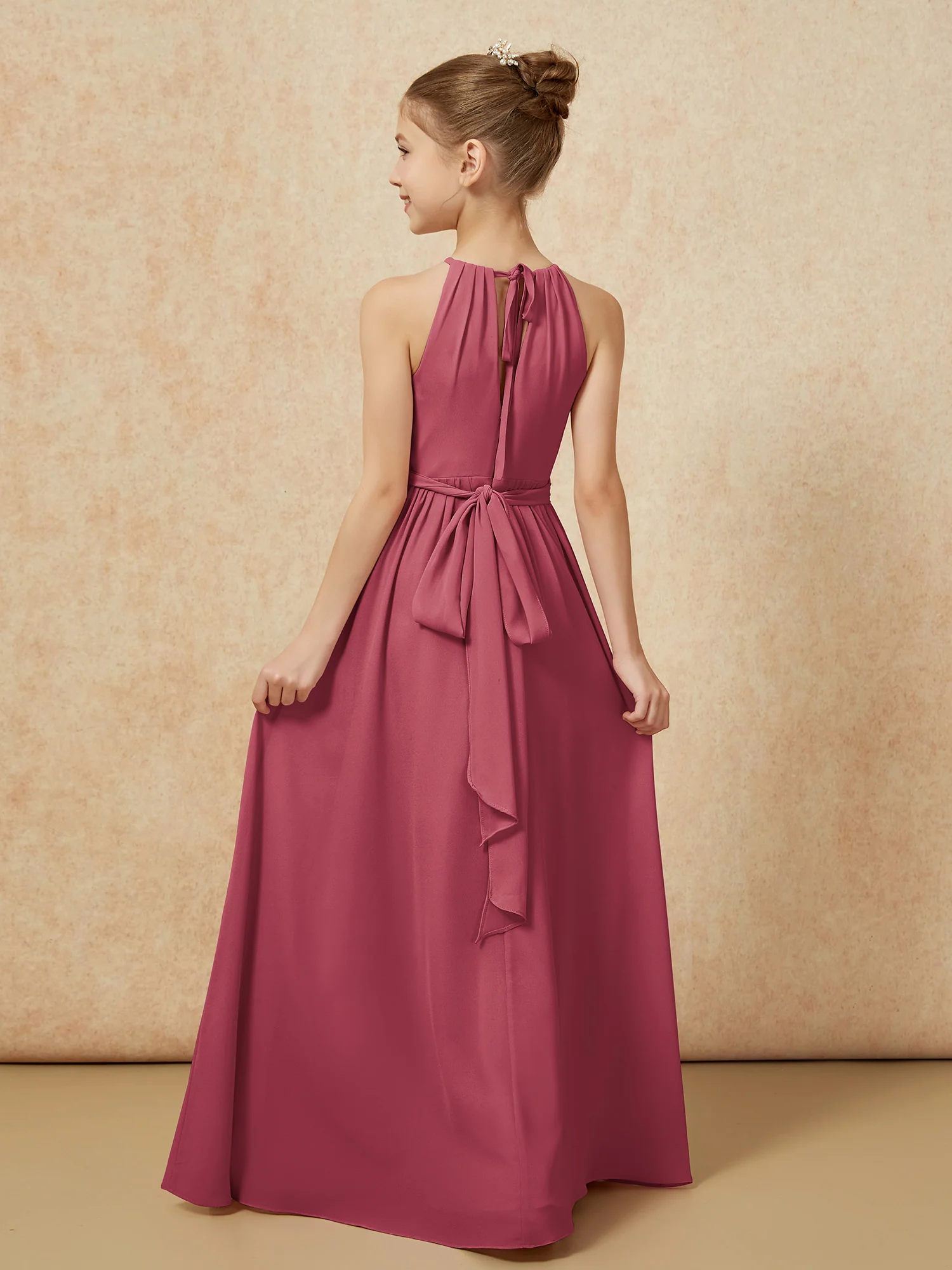 Sleeveless Pleated Long Chiffon Junior Bridesmaid Dress Cinnamon Rose - Image 2