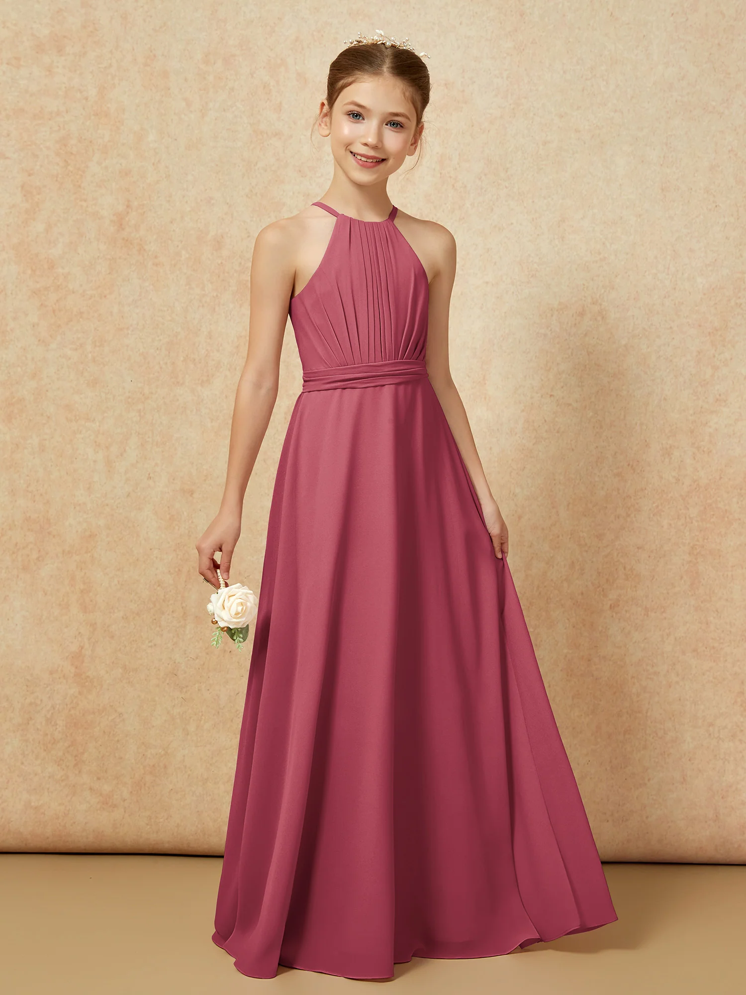 Sleeveless Pleated Long Chiffon Junior Bridesmaid Dress Cinnamon Rose - Image 6