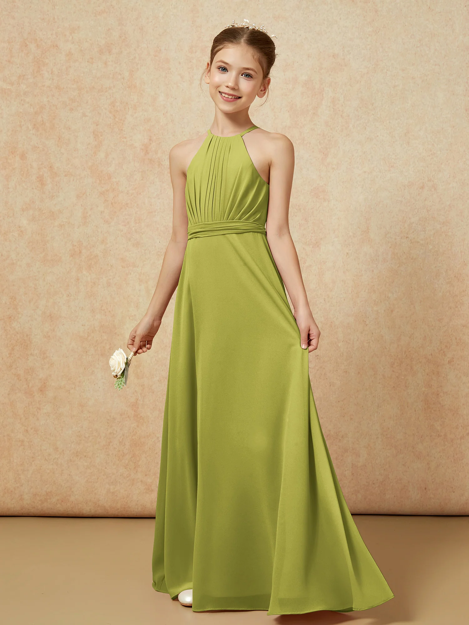 Sleeveless Pleated Long Chiffon Junior Bridesmaid Dress Clover - Image 3