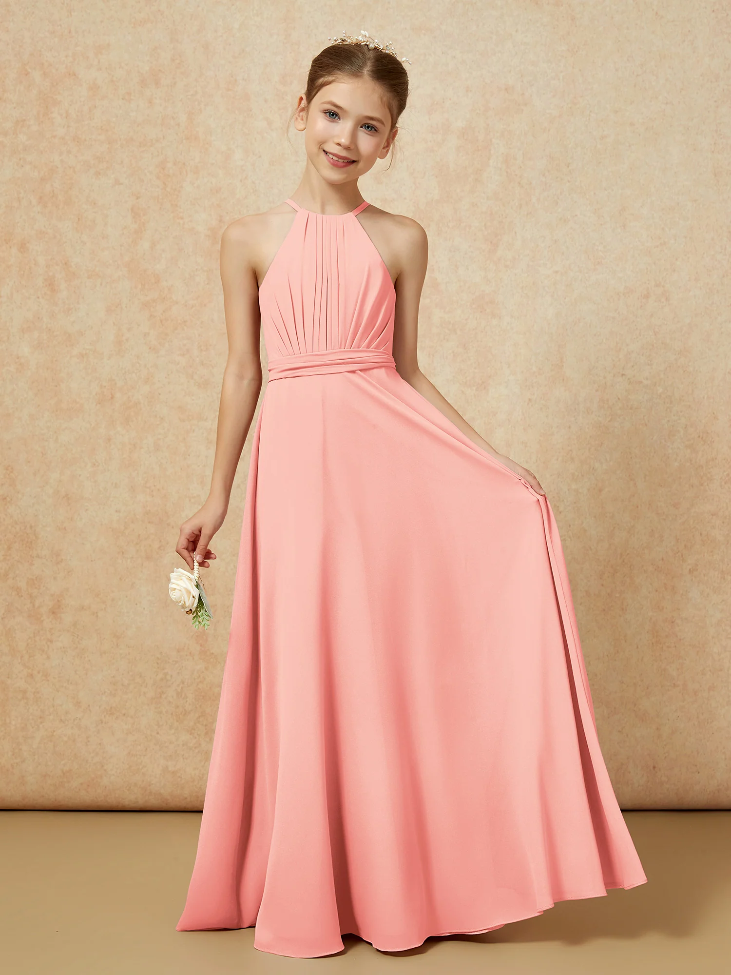 Sleeveless Pleated Long Chiffon Junior Bridesmaid Dress Coral