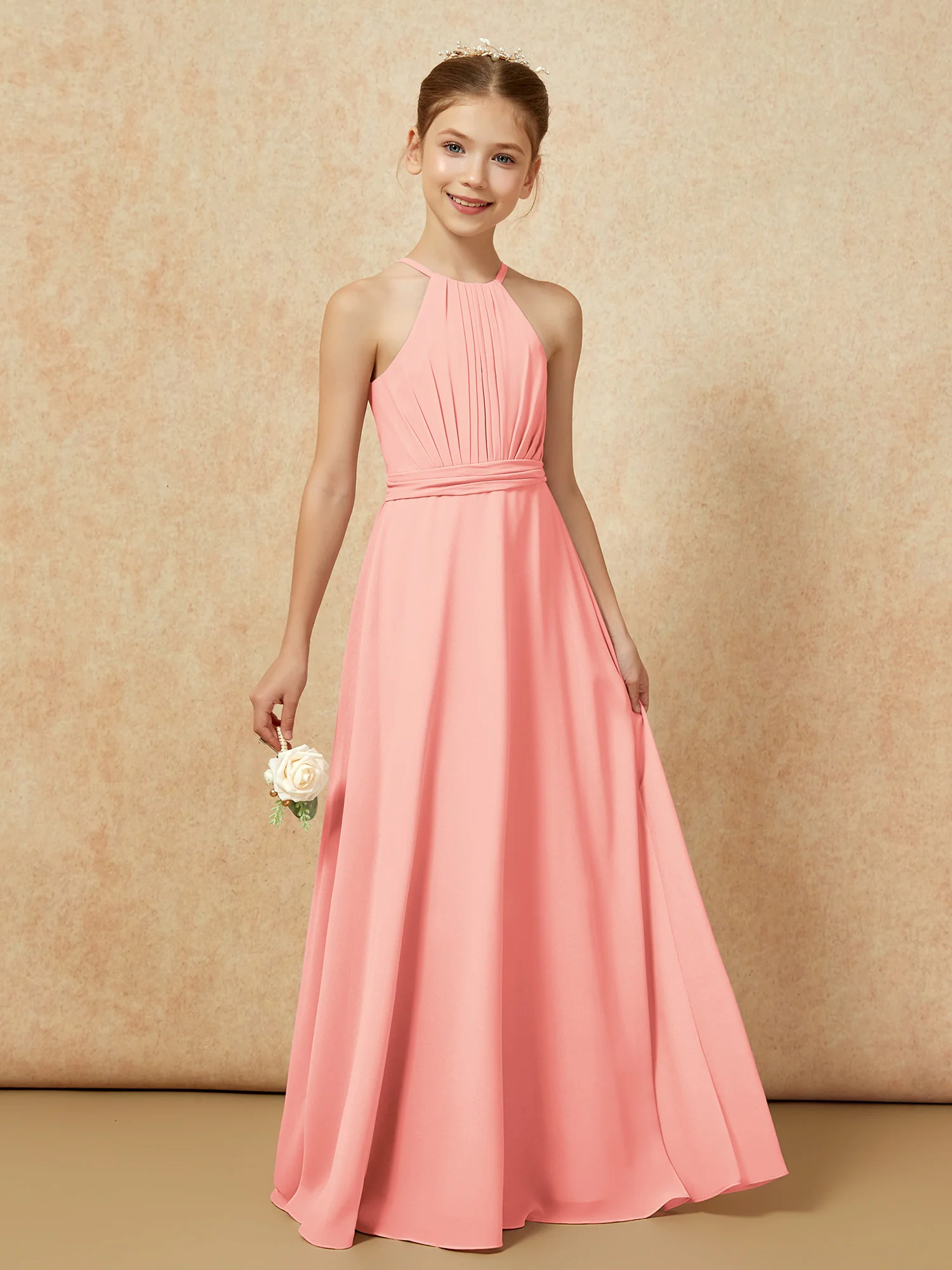 Sleeveless Pleated Long Chiffon Junior Bridesmaid Dress Coral - Image 6