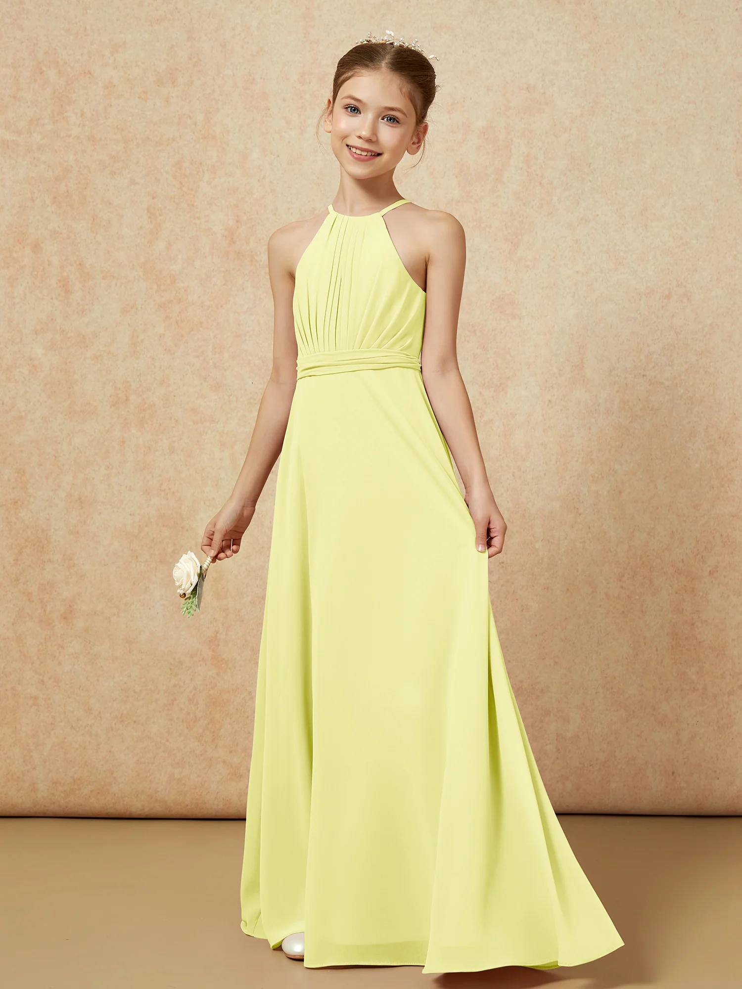 Sleeveless Pleated Long Chiffon Junior Bridesmaid Dress Daffodil - Image 3