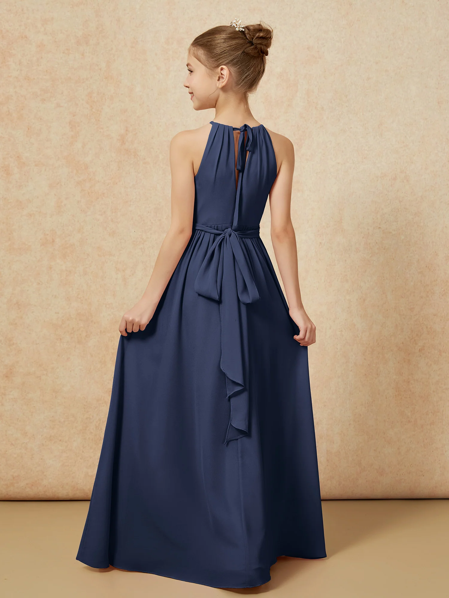 Sleeveless Pleated Long Chiffon Junior Bridesmaid Dress Dark Navy - Image 2