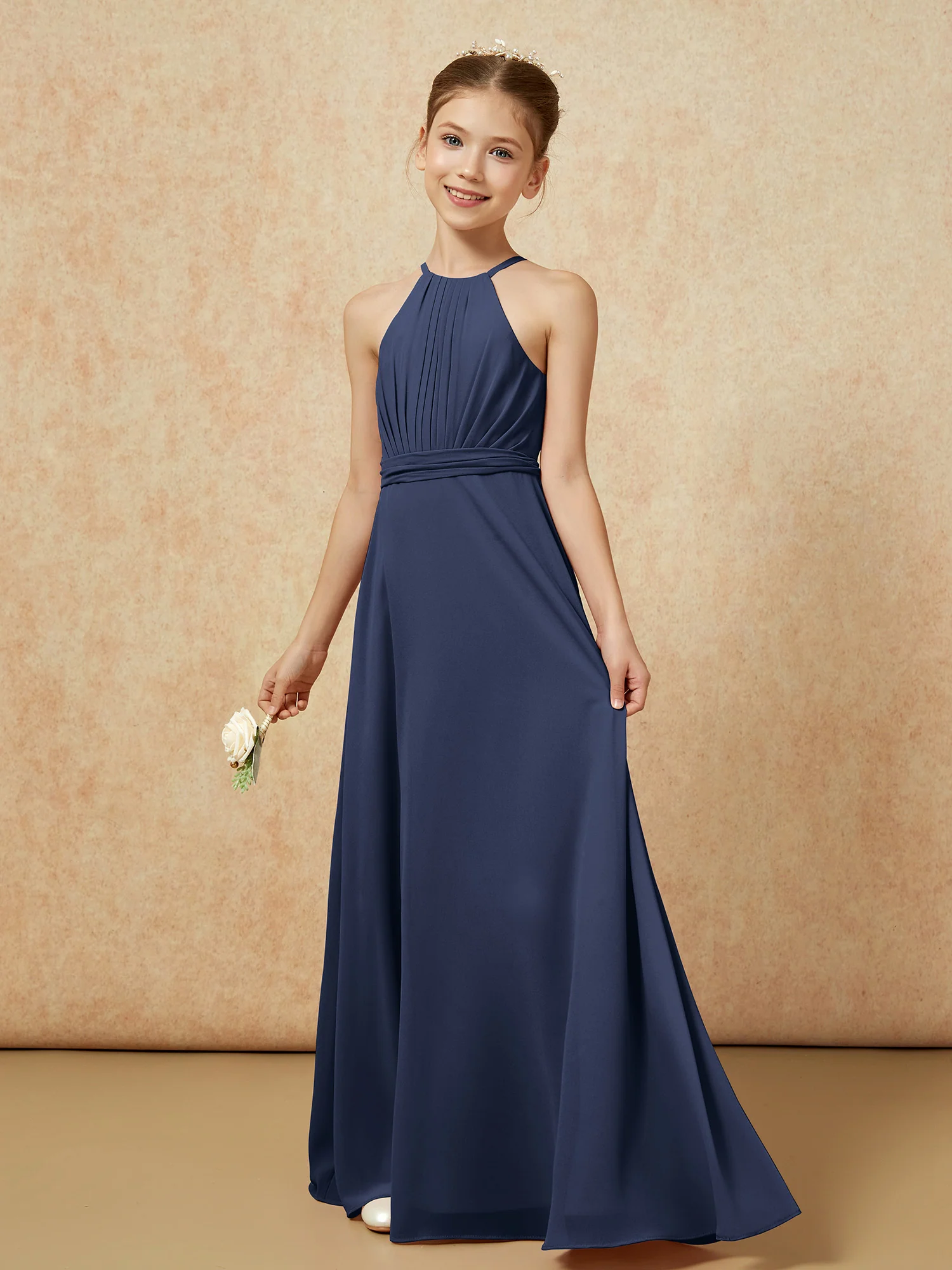 Sleeveless Pleated Long Chiffon Junior Bridesmaid Dress Dark Navy - Image 3