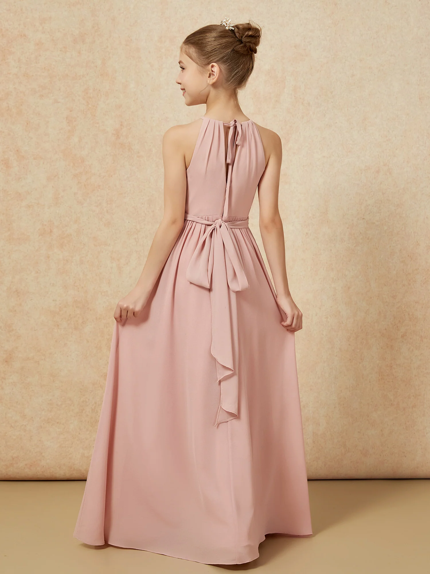 Sleeveless Pleated Long Chiffon Junior Bridesmaid Dress Dusty Rose - Image 2