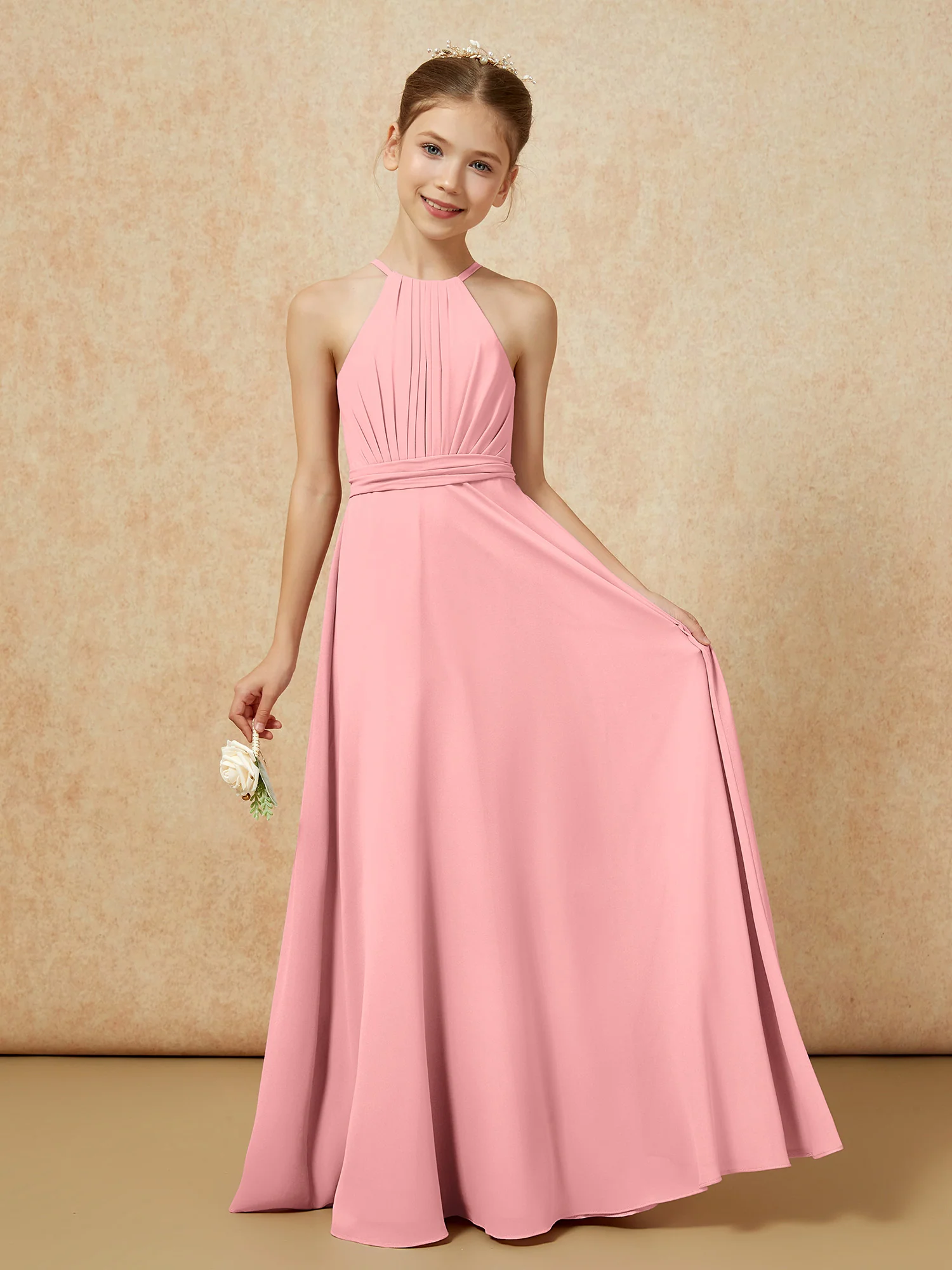 Sleeveless Pleated Long Chiffon Junior Bridesmaid Dress Flamingo