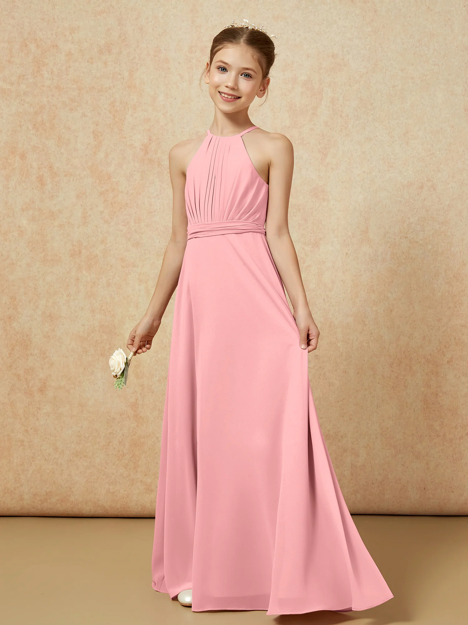 Sleeveless Pleated Long Chiffon Junior Bridesmaid Dress Flamingo - Image 3