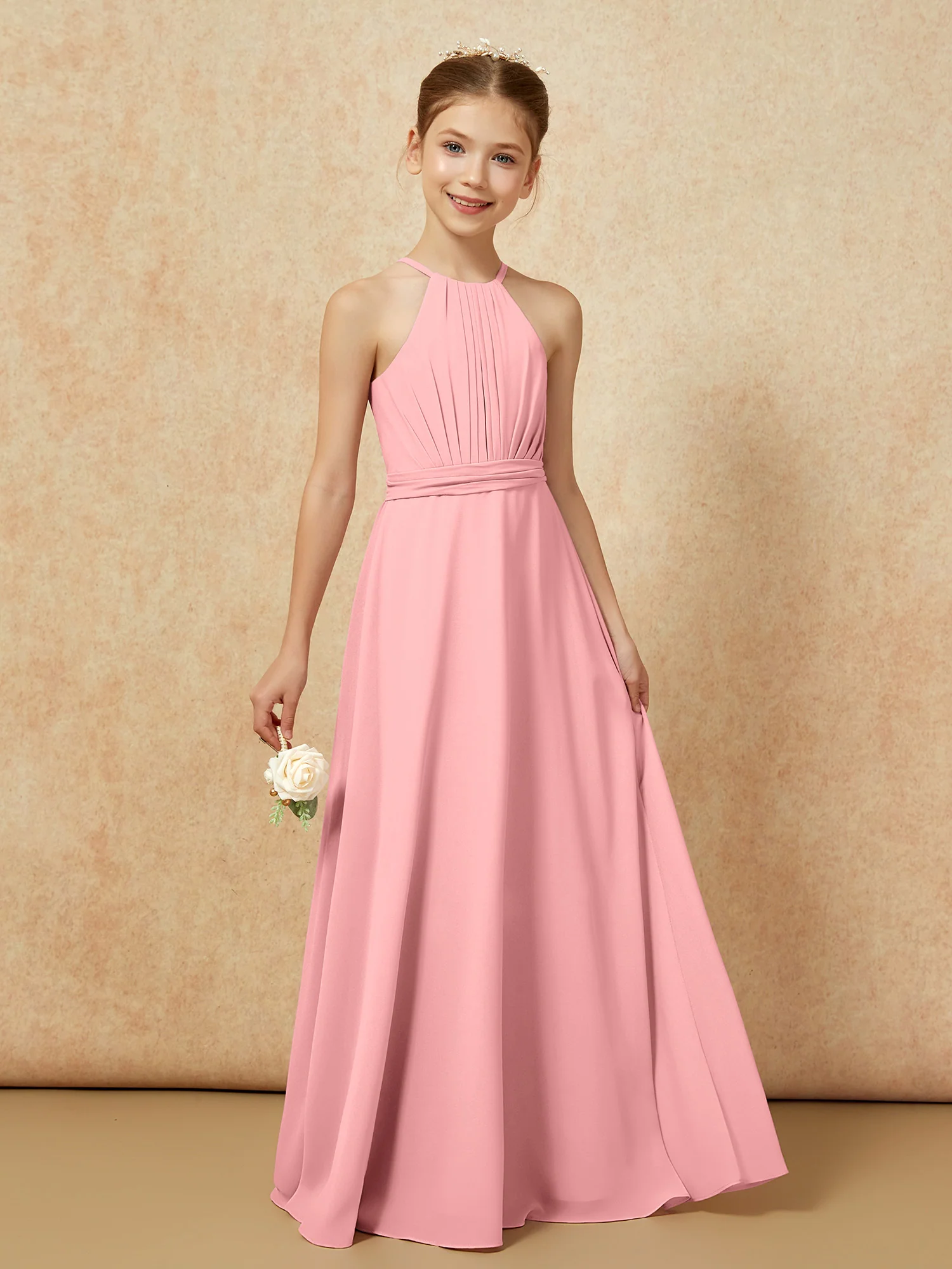 Sleeveless Pleated Long Chiffon Junior Bridesmaid Dress Flamingo - Image 6
