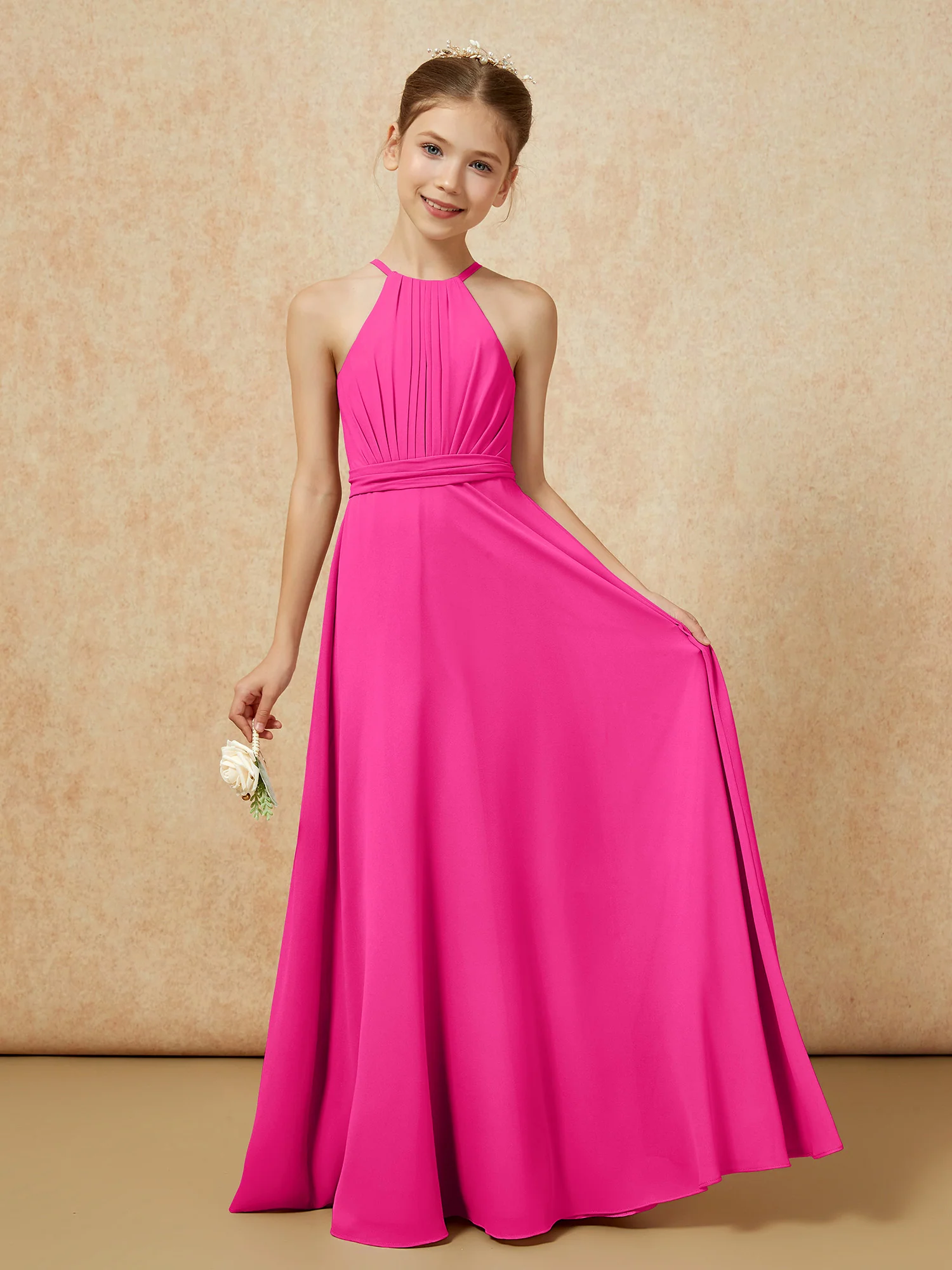 Sleeveless Pleated Long Chiffon Junior Bridesmaid Dress Fuchsia