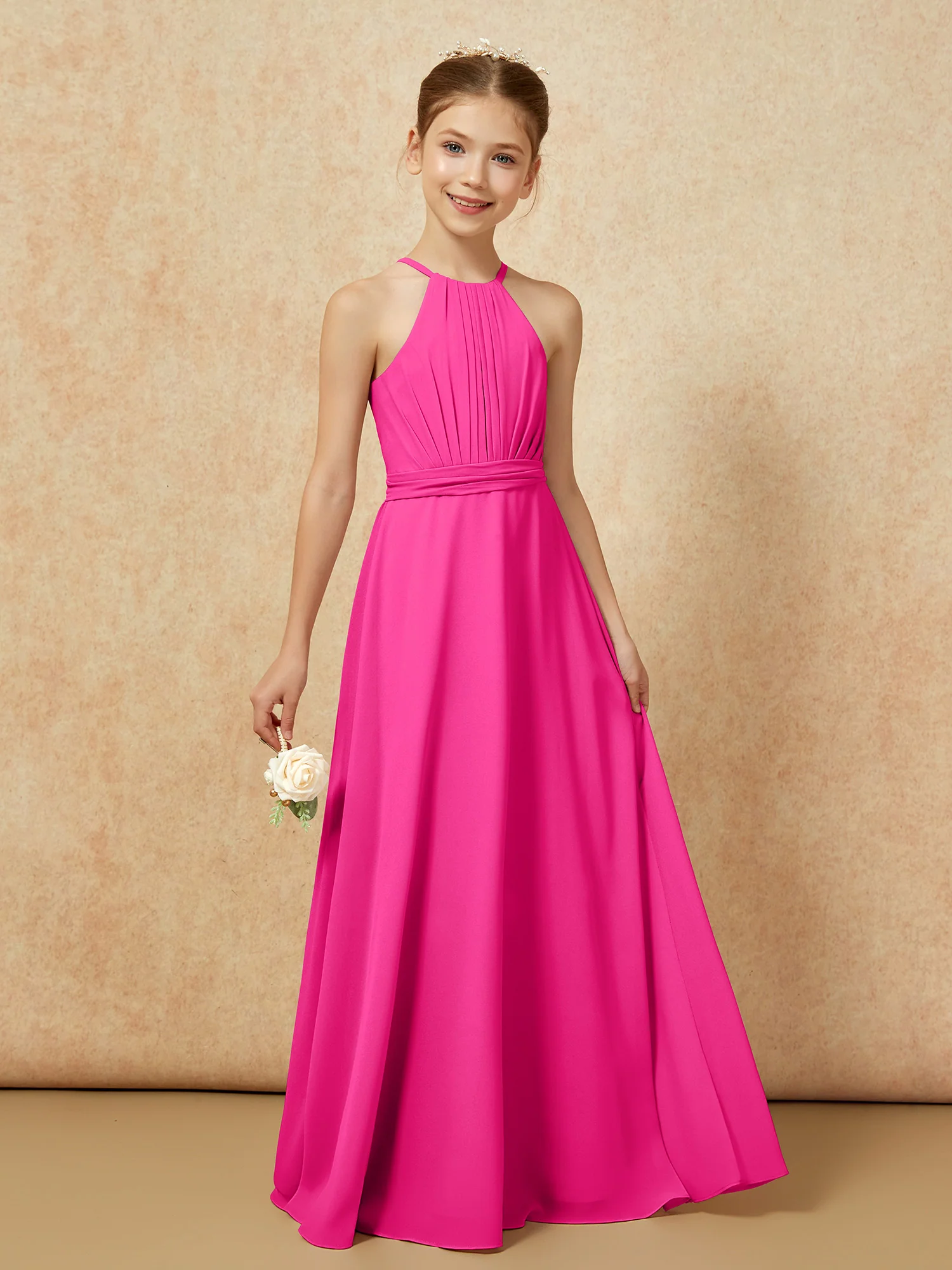 Sleeveless Pleated Long Chiffon Junior Bridesmaid Dress Fuchsia - Image 6