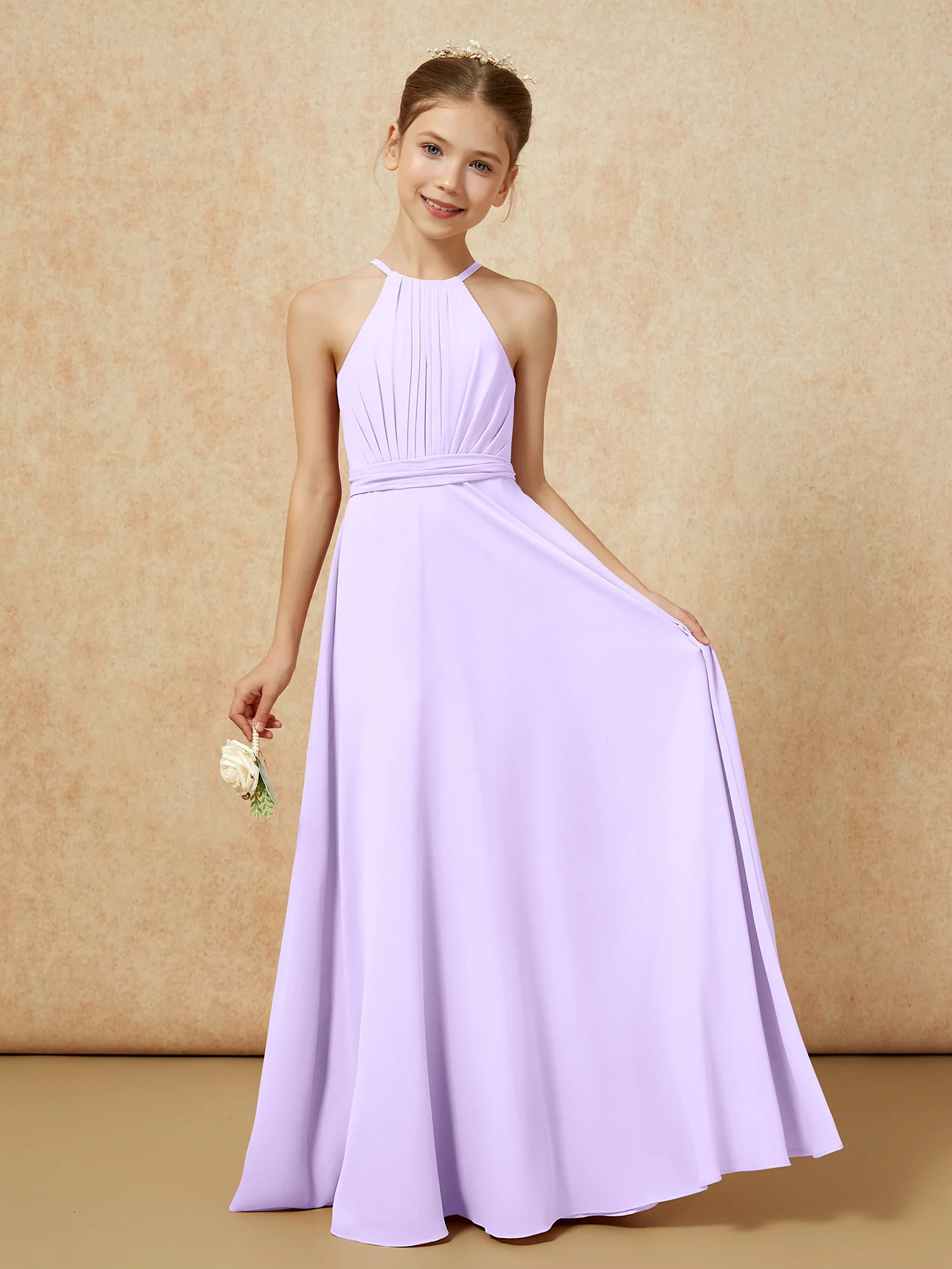 Sleeveless Pleated Long Chiffon Junior Bridesmaid Dress Lilac