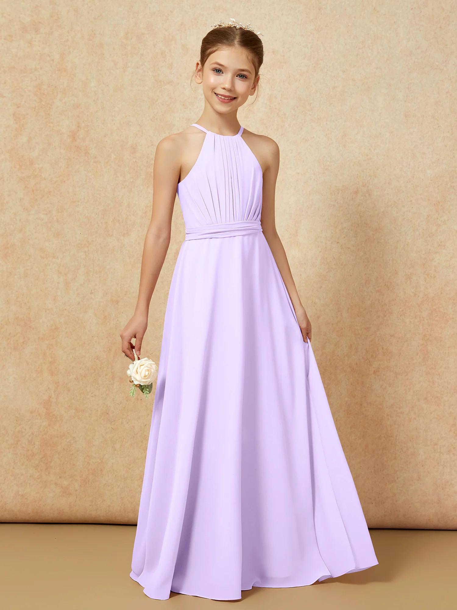 Sleeveless Pleated Long Chiffon Junior Bridesmaid Dress Lilac - Image 6