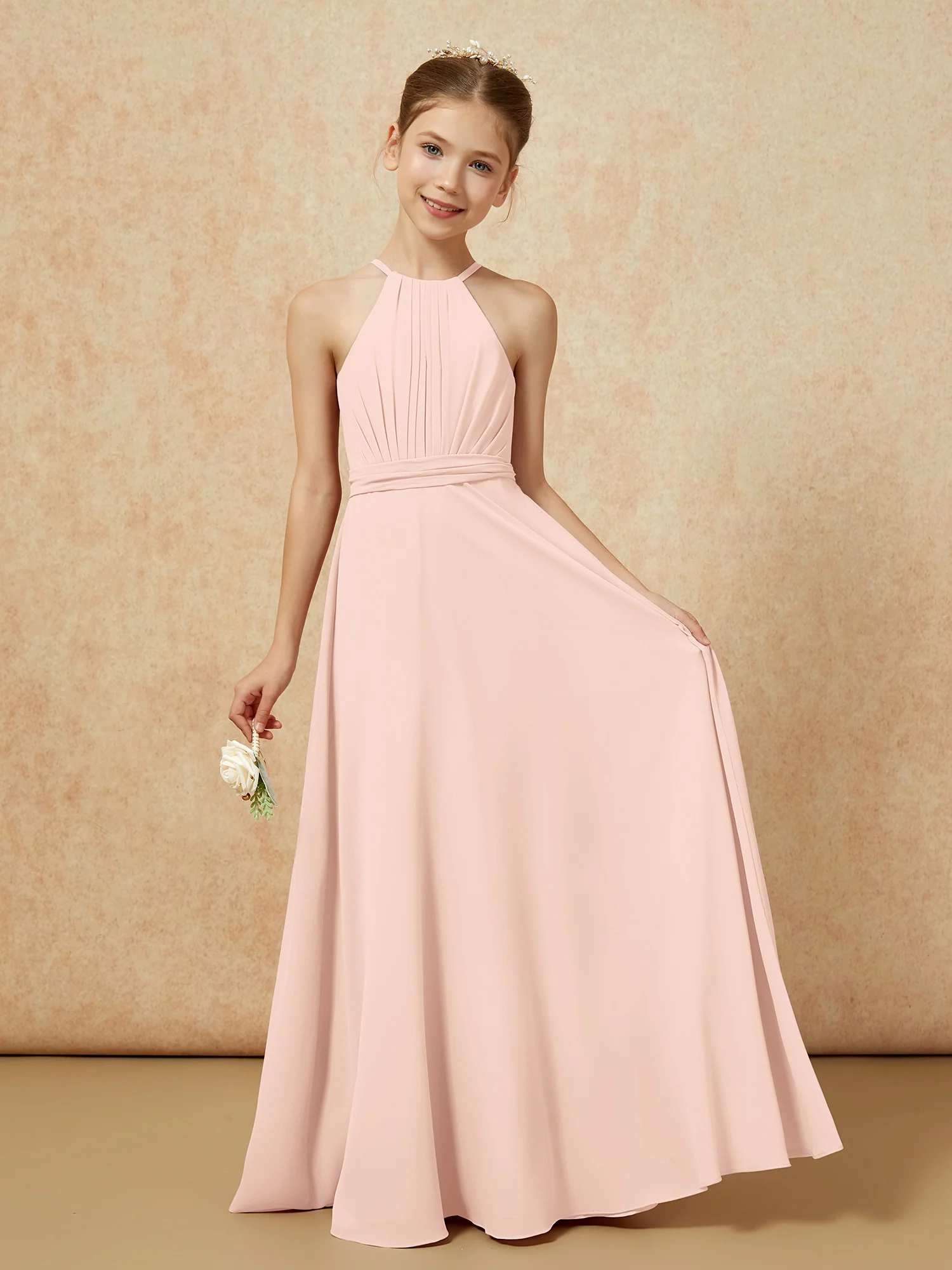 Sleeveless Pleated Long Chiffon Junior Bridesmaid Dress Pearl Pink