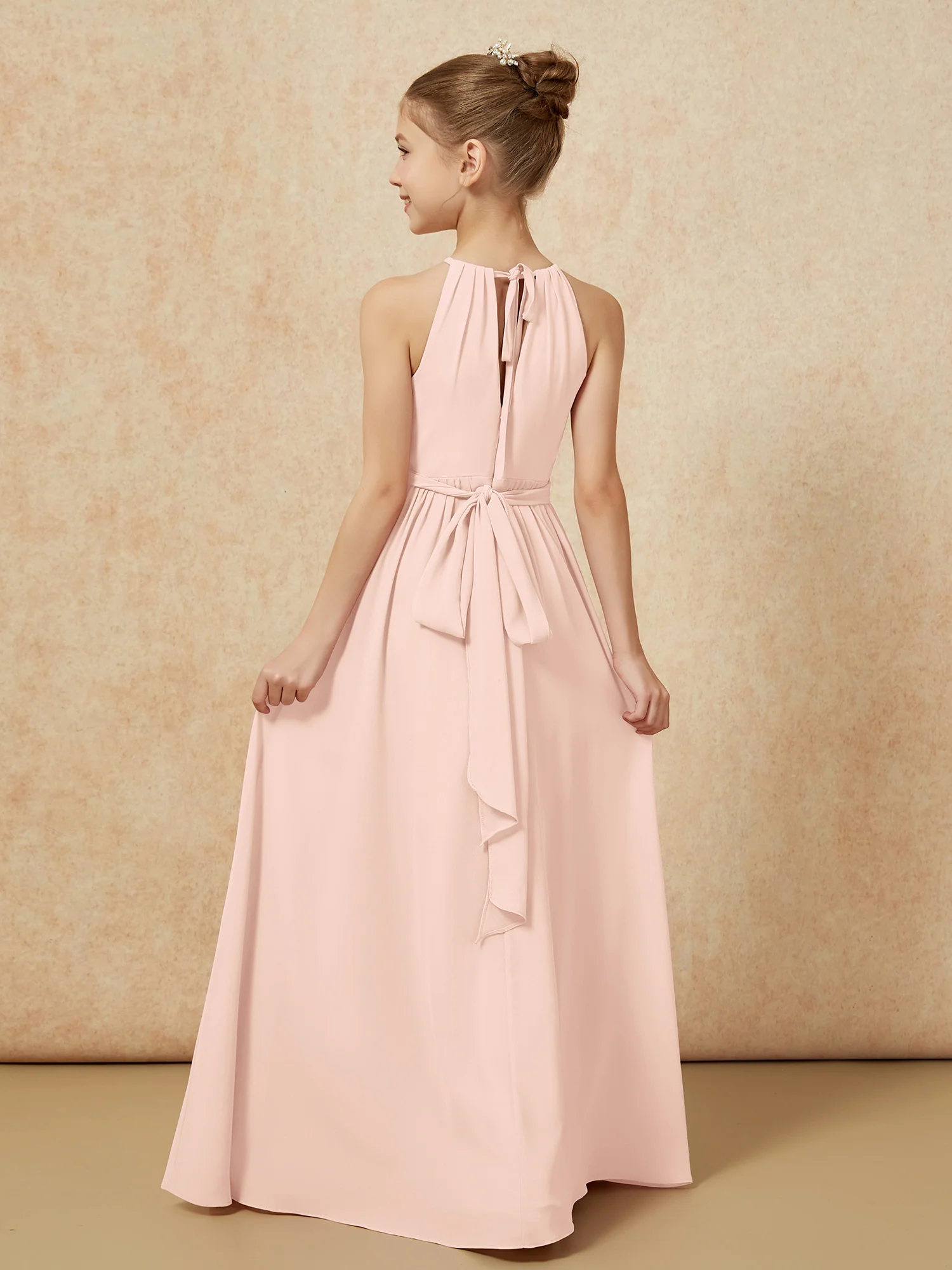 Sleeveless Pleated Long Chiffon Junior Bridesmaid Dress Pearl Pink - Image 2