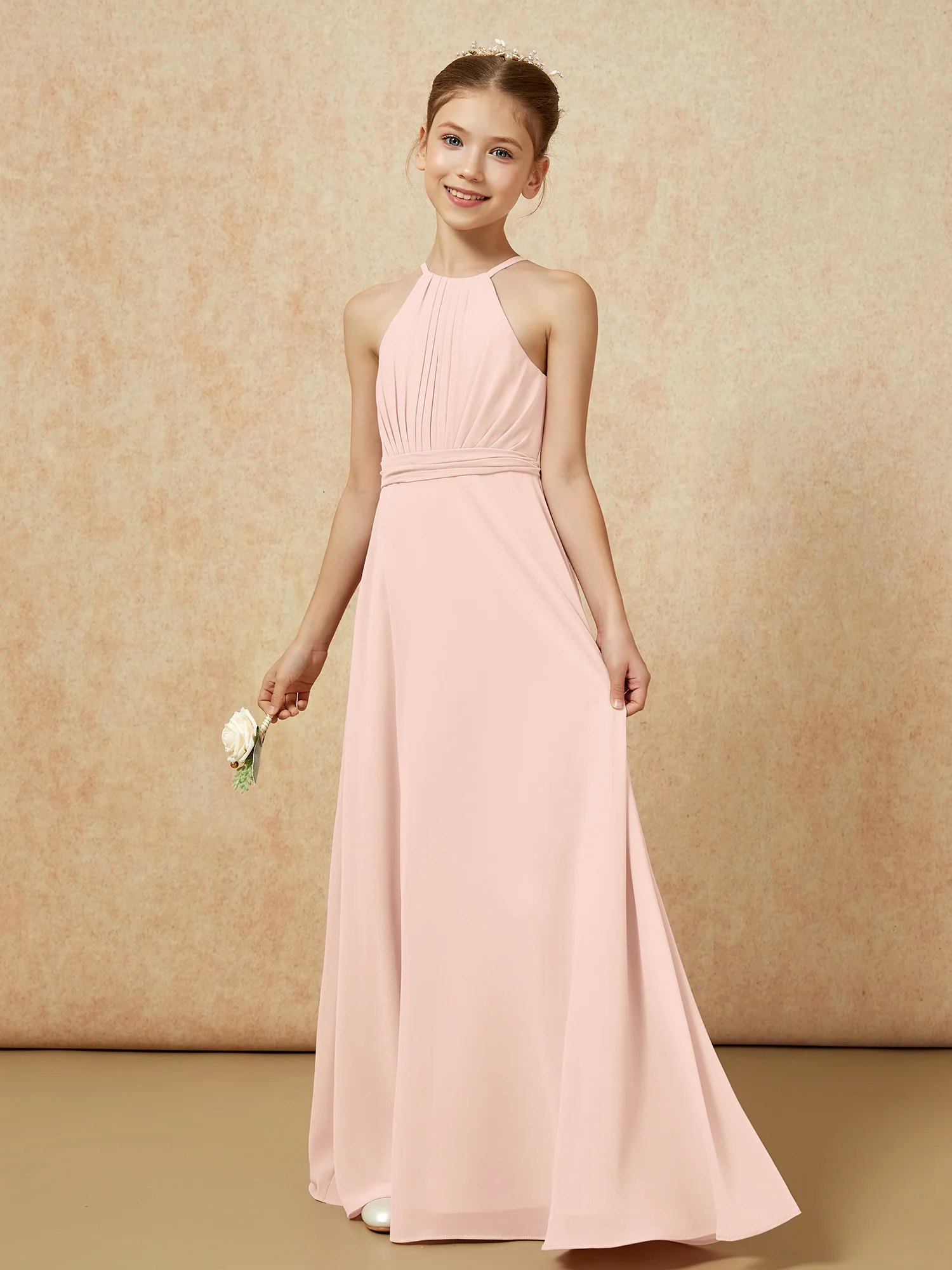 Sleeveless Pleated Long Chiffon Junior Bridesmaid Dress Pearl Pink - Image 3