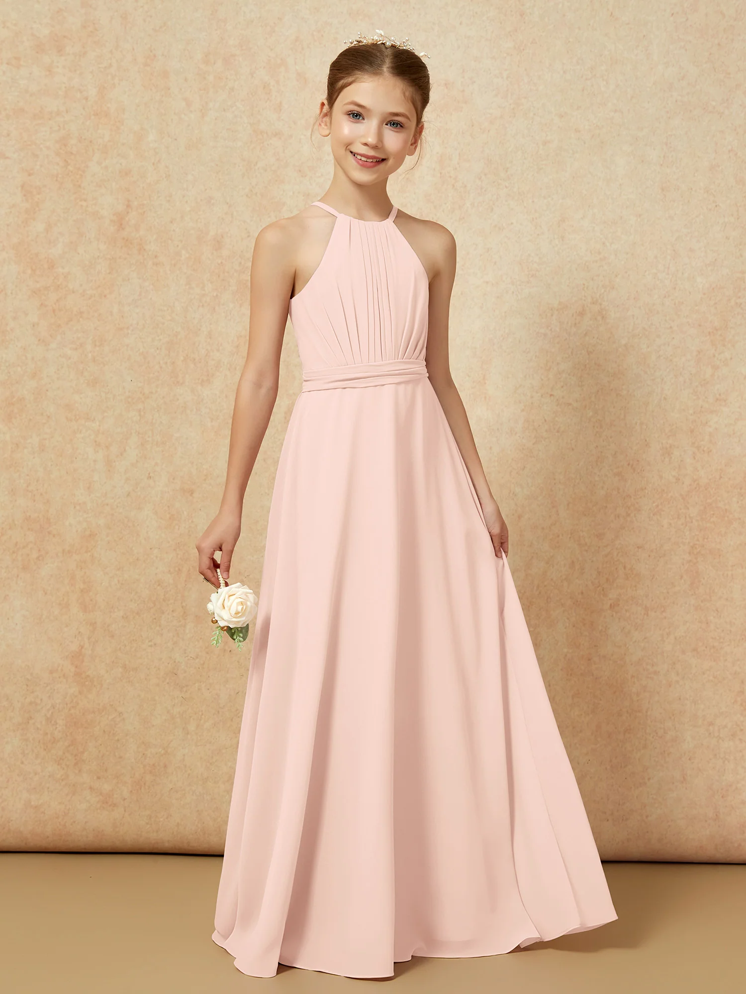 Sleeveless Pleated Long Chiffon Junior Bridesmaid Dress Pearl Pink - Image 6