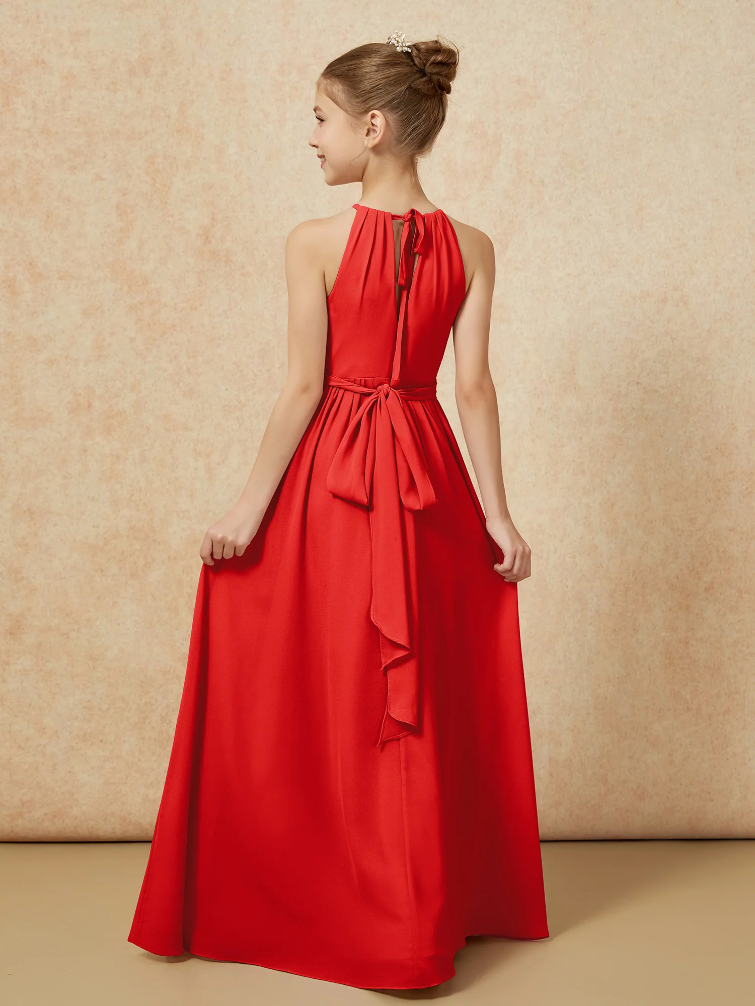 Sleeveless Pleated Long Chiffon Junior Bridesmaid Dress Red - Image 2