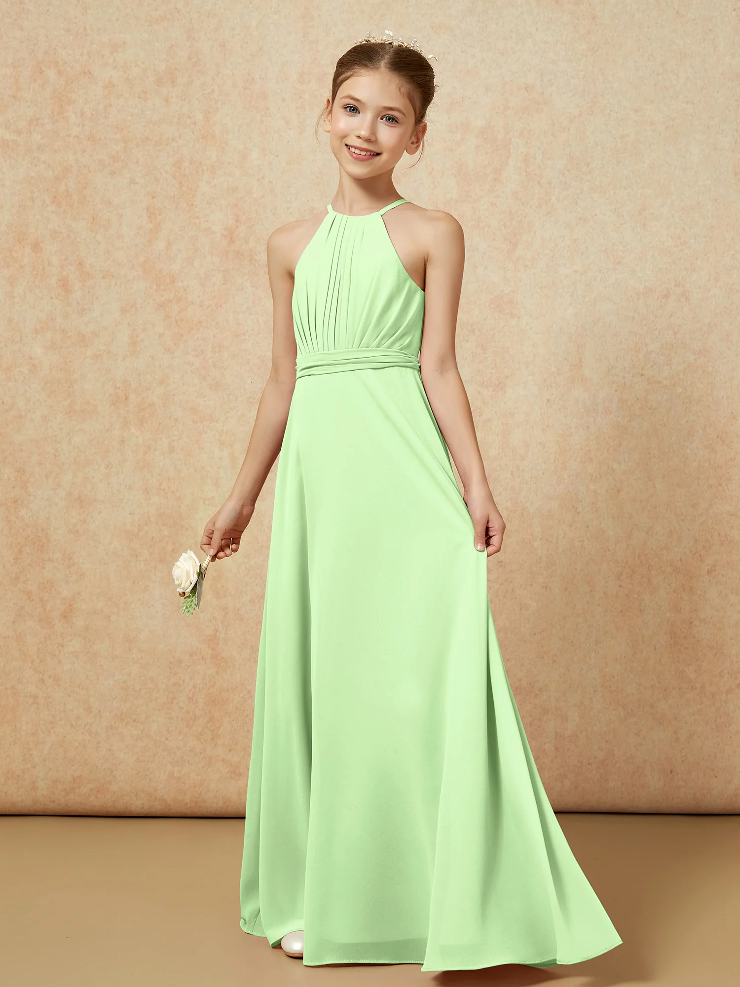 Sleeveless Pleated Long Chiffon Junior Bridesmaid Dress Sage - Image 3
